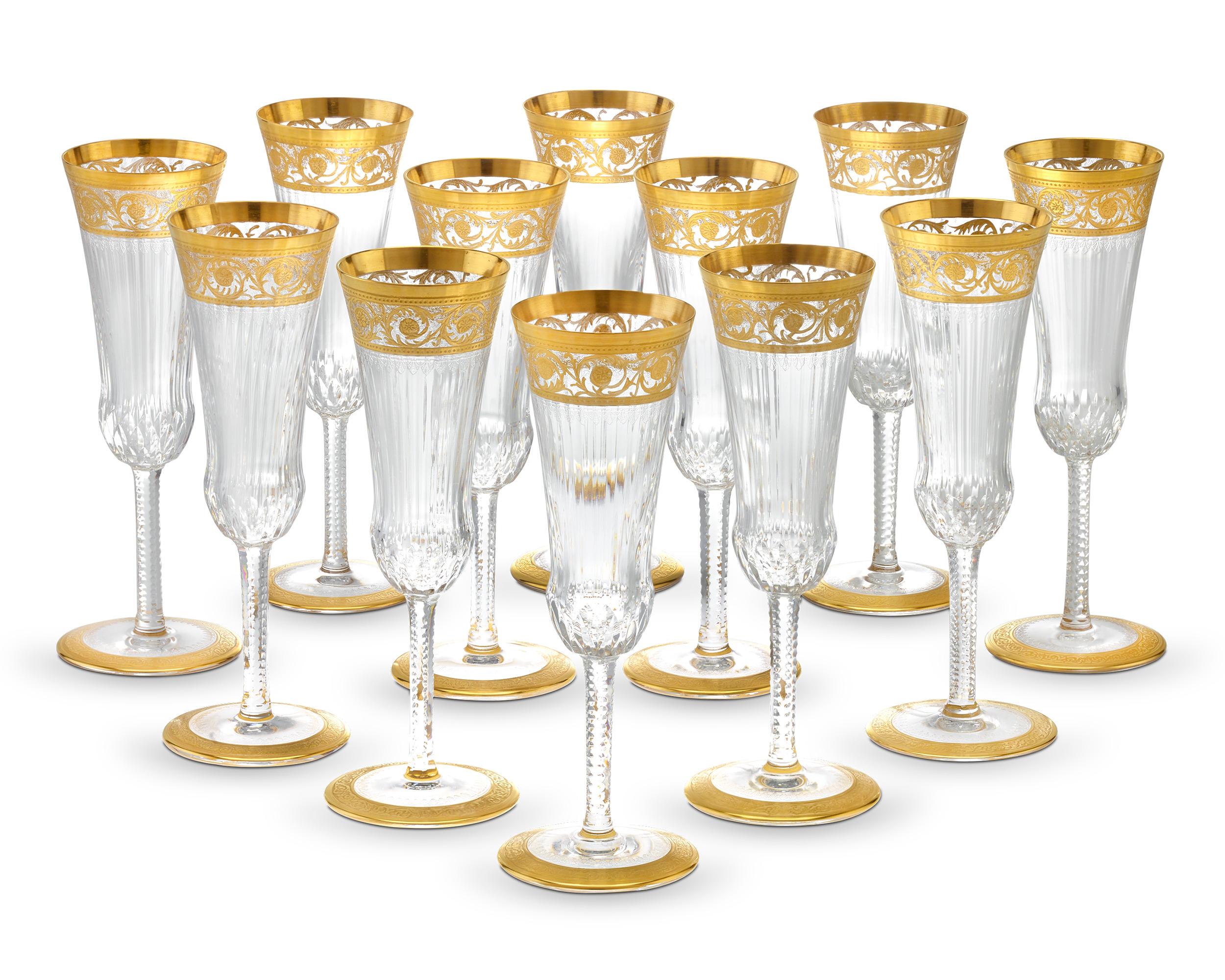 Art Nouveau Thistle Crystal Champagne Flutes by Saint Louis, Set of 12