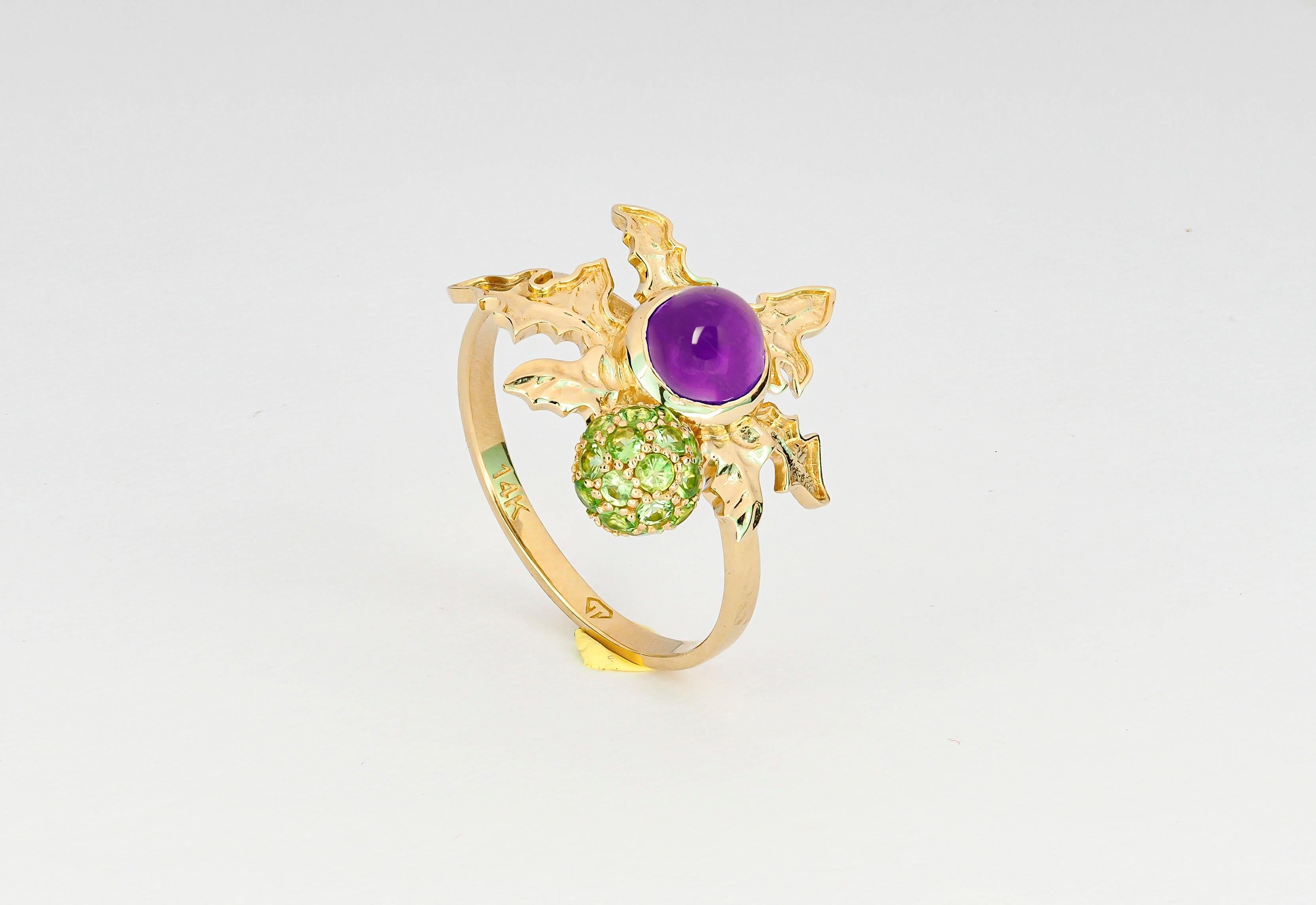 Thistle ring with amethyst in 14k gold. 
Thistle gold Ring. Flower gold ring. Amethyst and peridot ring. Leaf gold Ring. Flower gold ring. 

Metal: 14k gold
Weight: 2.85 g. depends from size

Set with amethyst, color - purple
cabochon cut, 1,2 ct.