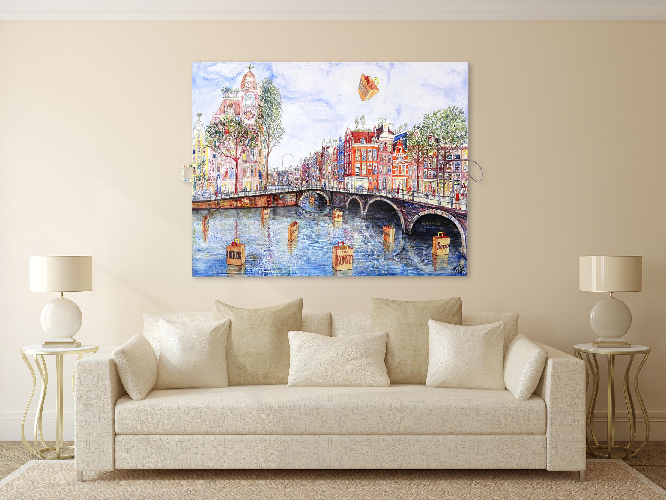 Sac Art Amsterdam - Grande peinture originale colorée de ville surdimensionnée - Painting de Thitz