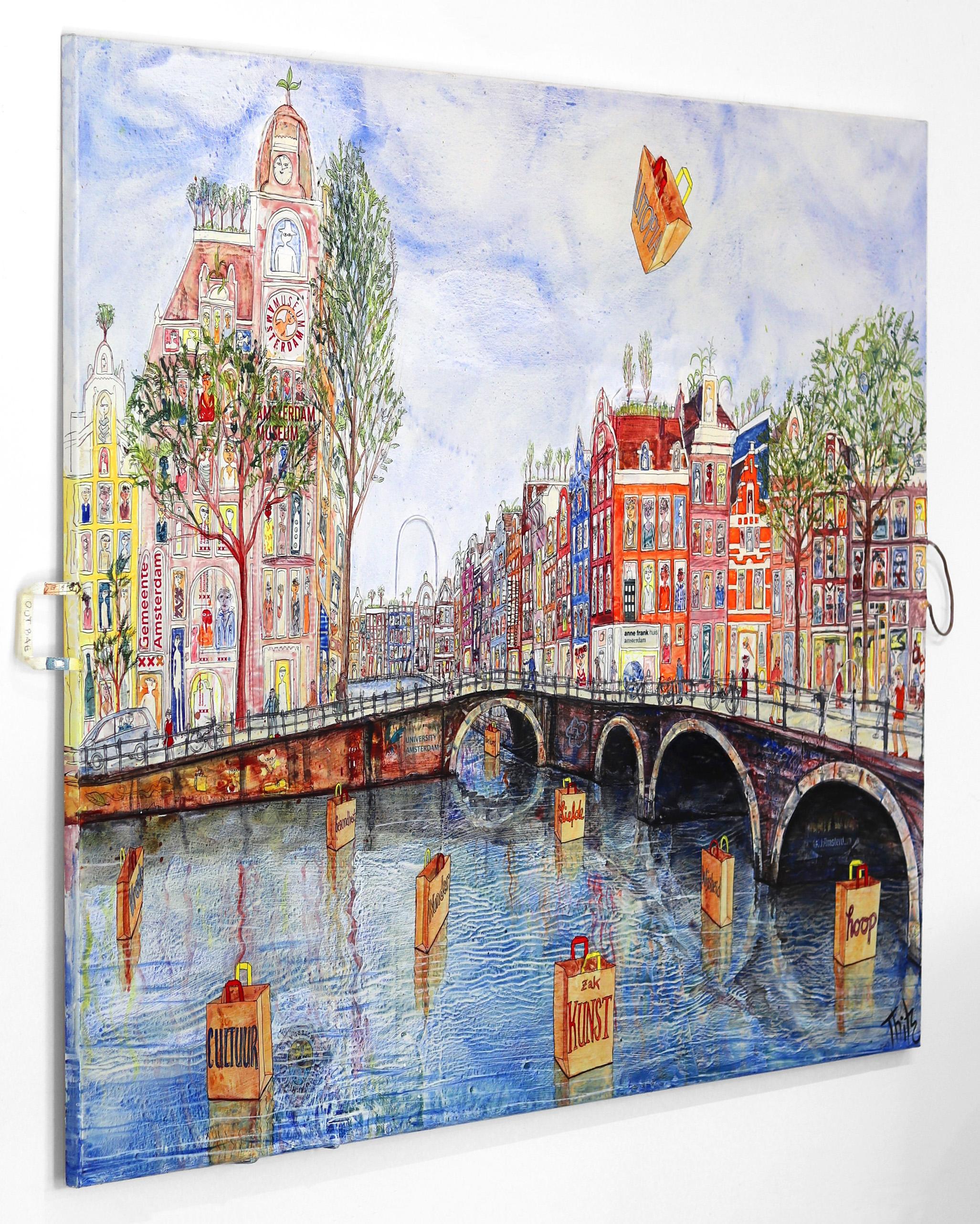 Sac Art Amsterdam - Grande peinture originale colorée de ville surdimensionnée - Gris Landscape Painting par Thitz
