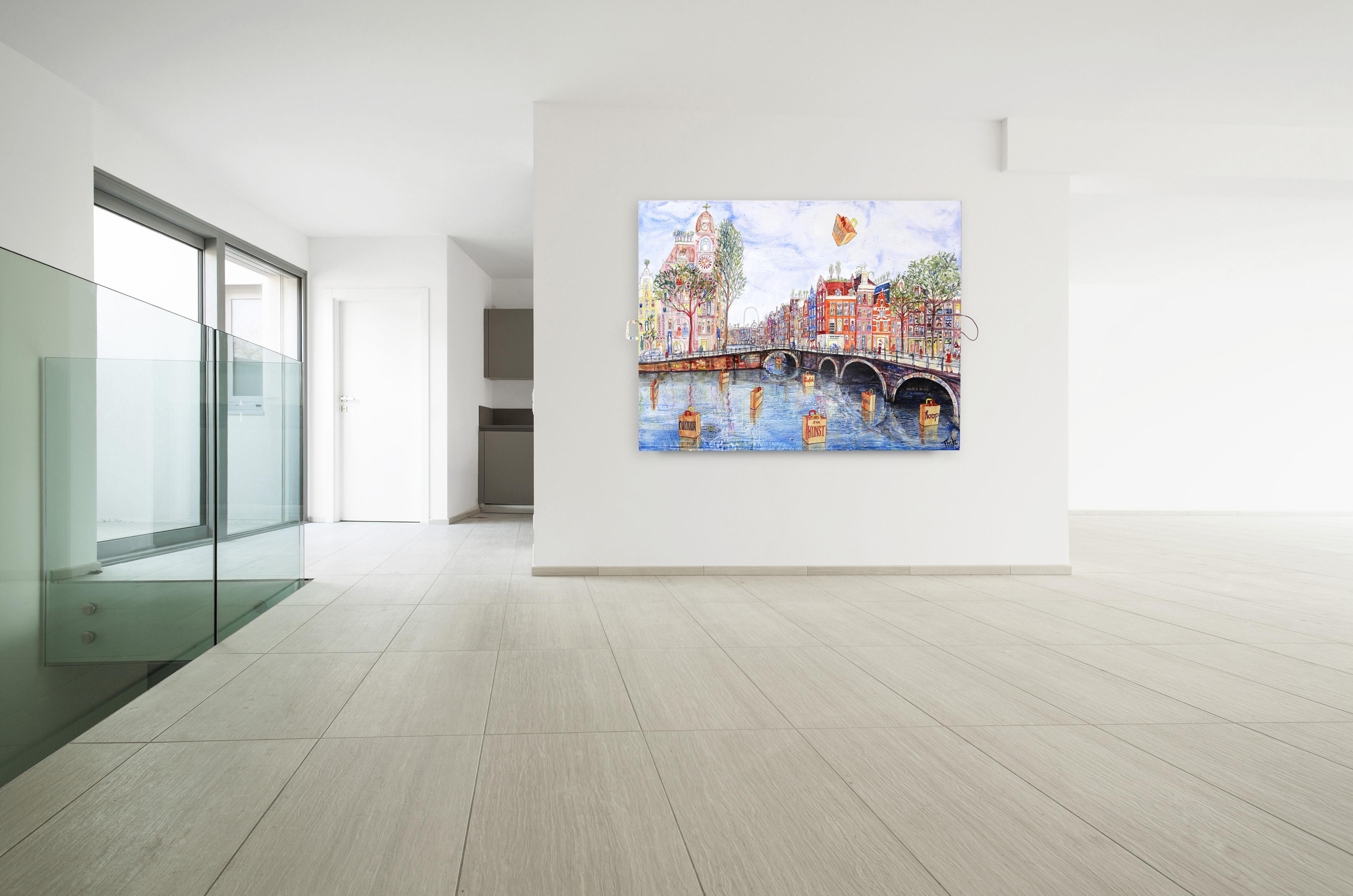 Sac Art Amsterdam - Grande peinture originale colorée de ville surdimensionnée en vente 1