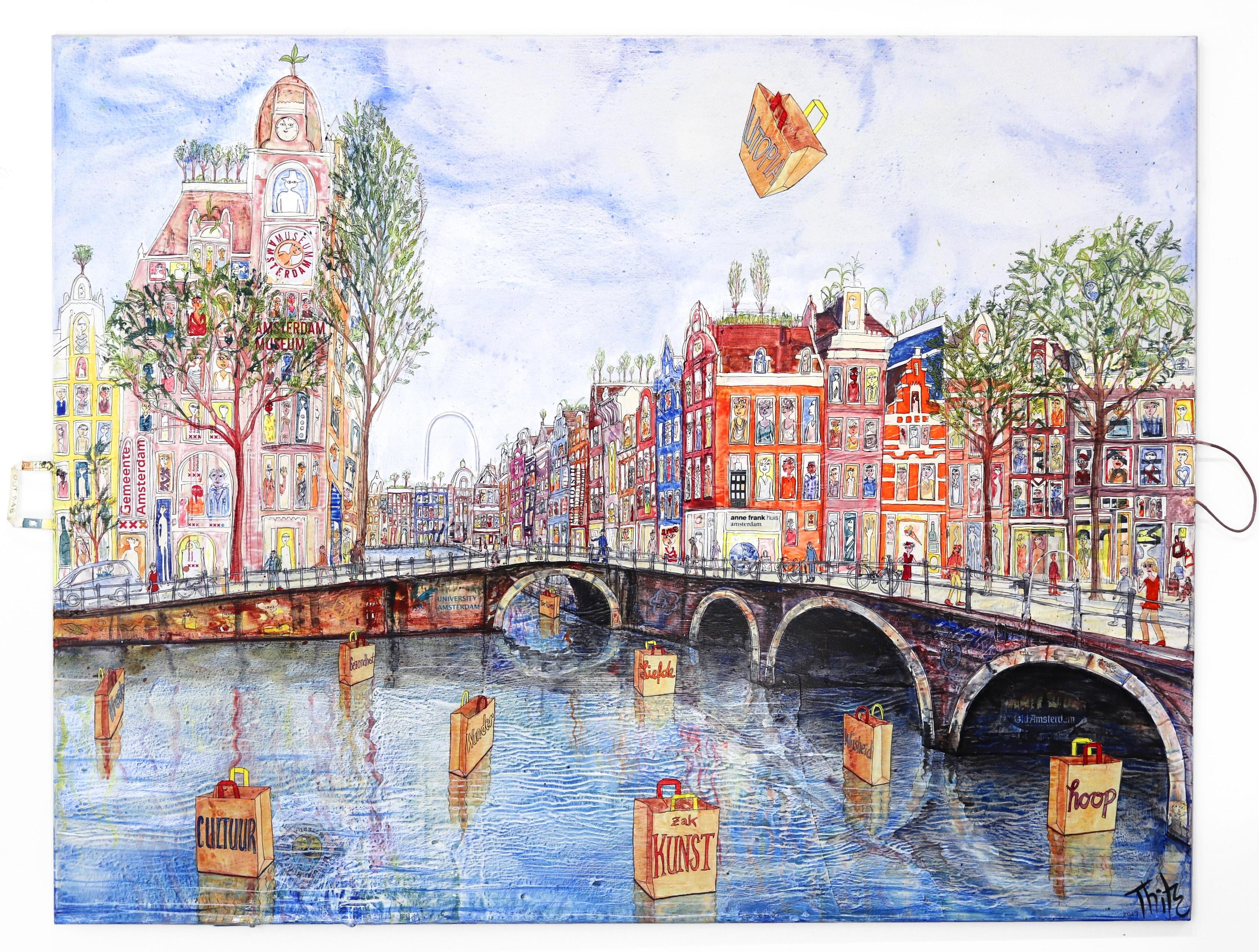 Amsterdamer Taschenkunst - Großes, farbenfrohes Original-Stadtgemälde