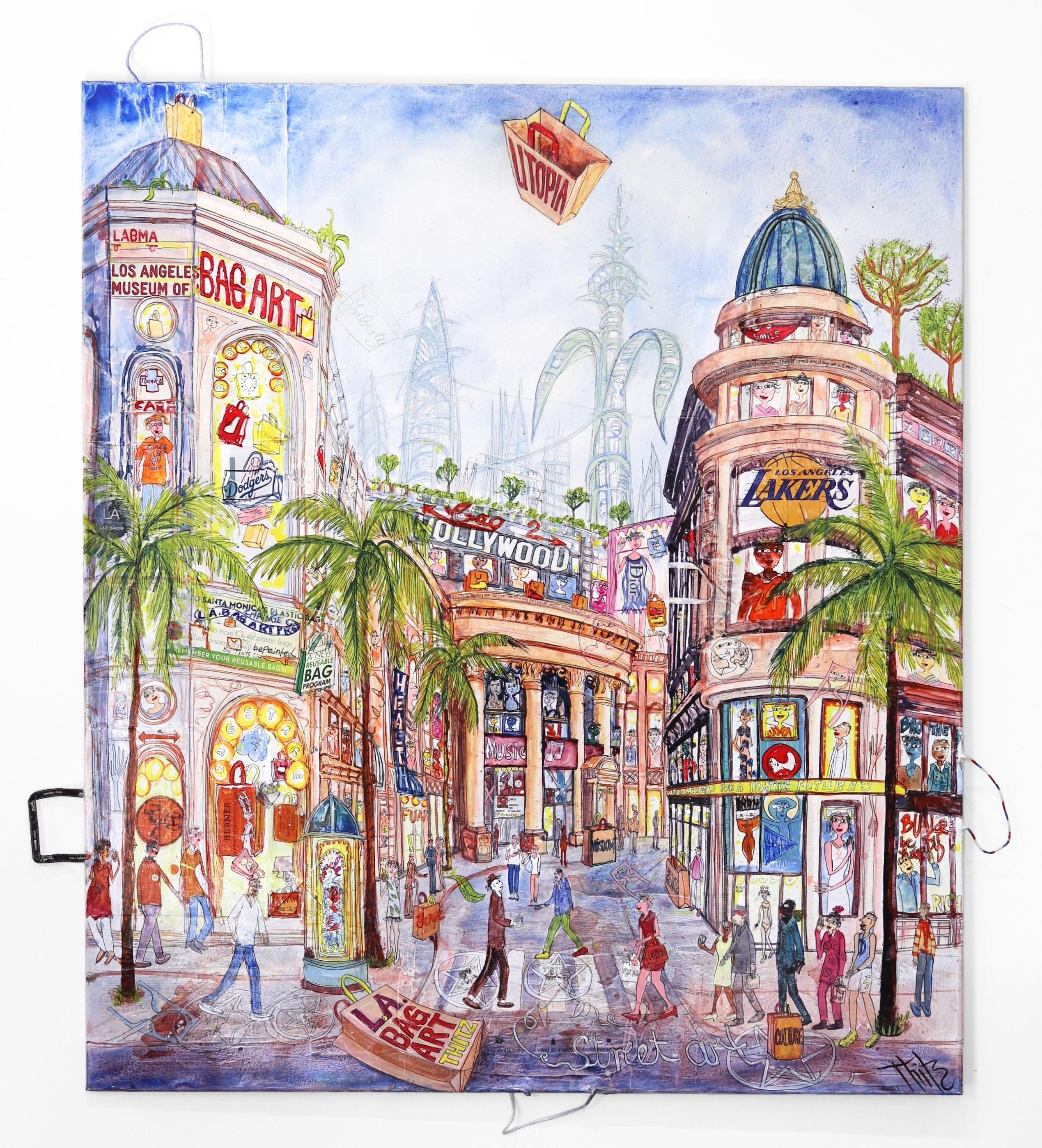 LA Bag Art Rodeo Drive - Large Colorful Oversized Original Cityscape Painting - Mixed Media Art by Thitz