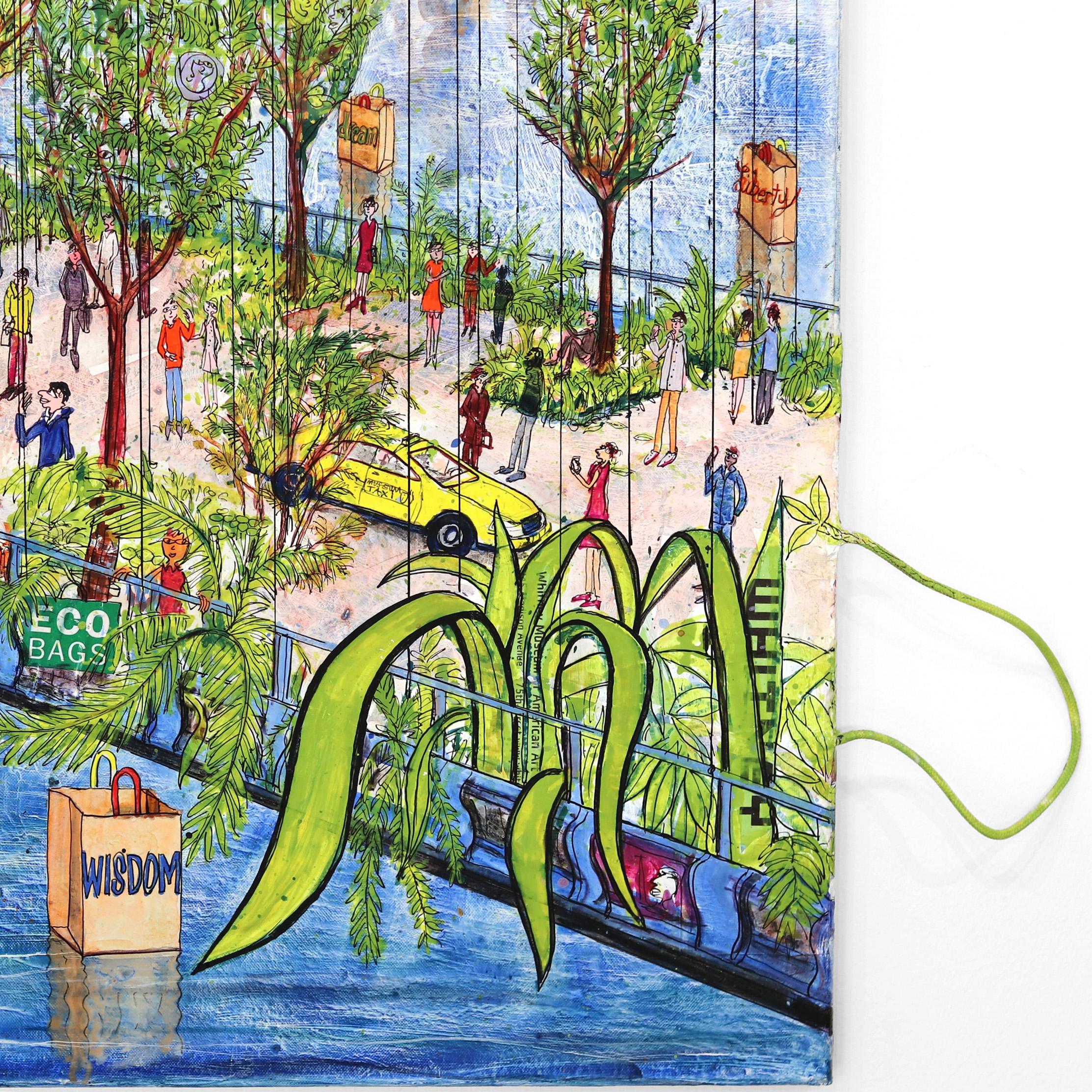 New York Utopia on Brooklyn Bridge  - Large Oversized Colorful Original Artwork For Sale 2