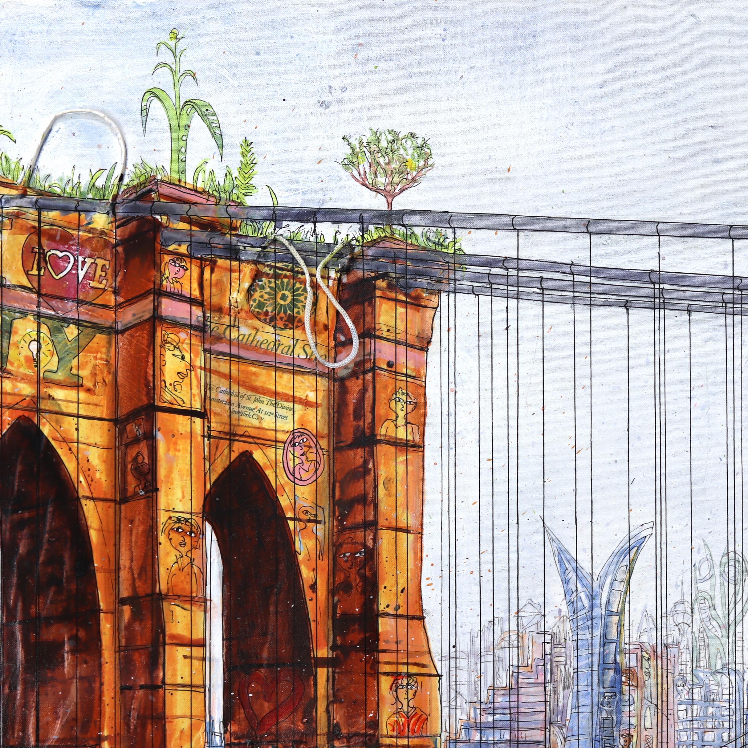 New York Utopia on Brooklyn Bridge  - Large Oversized Colorful Original Artwork For Sale 3