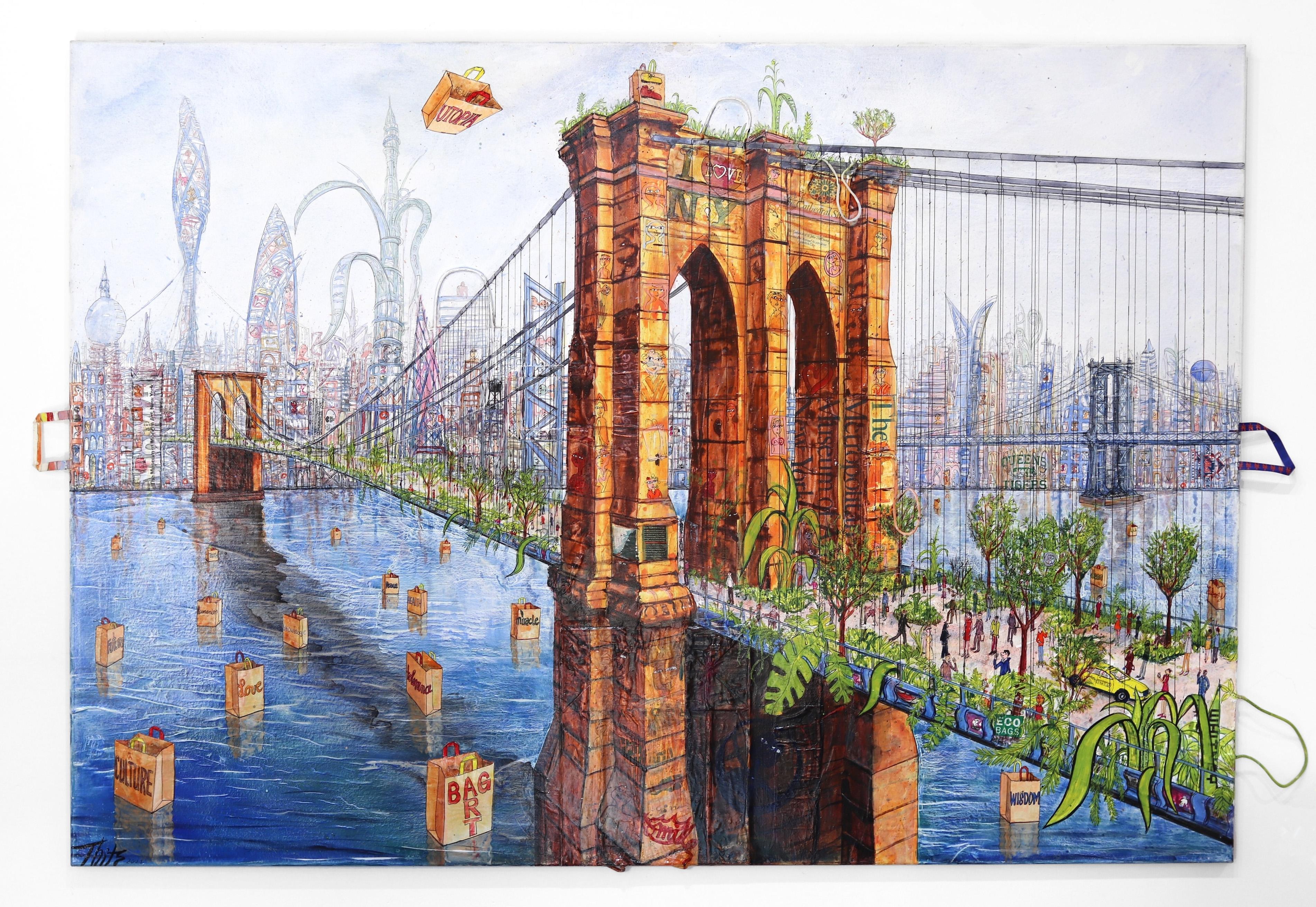 Utopia de New York sur le pont de Brooklyn  - Grande œuvre d'art originale colorée surdimensionnée