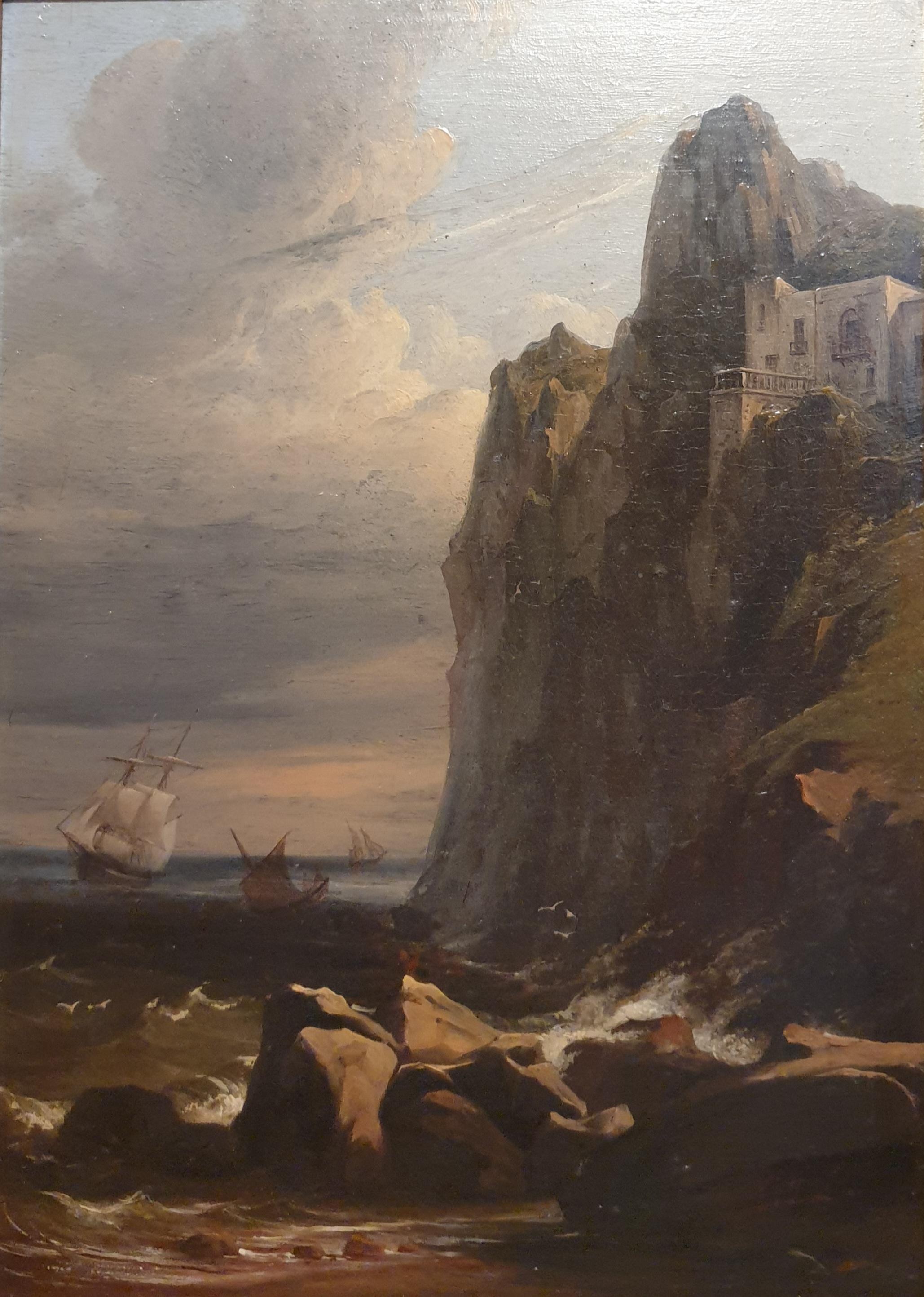 Tempesta isola di Capri Quadro marino romantico Salon francese 19° secolo - Painting di Théodore DE LIGNY
