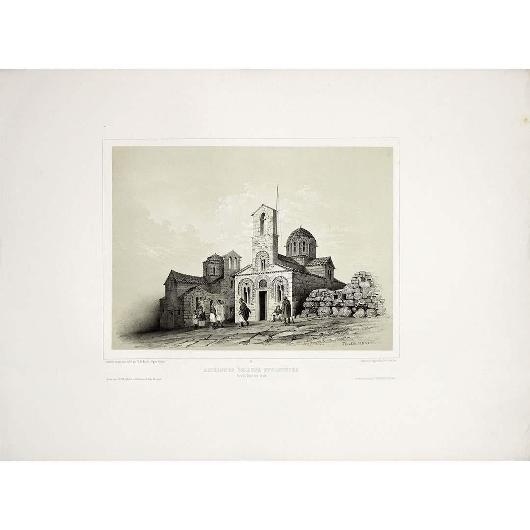 Théodore du Moncel Print – 1846 Originalstich von Théodore Du Moncel - Antike byzantinische Kirche Athen