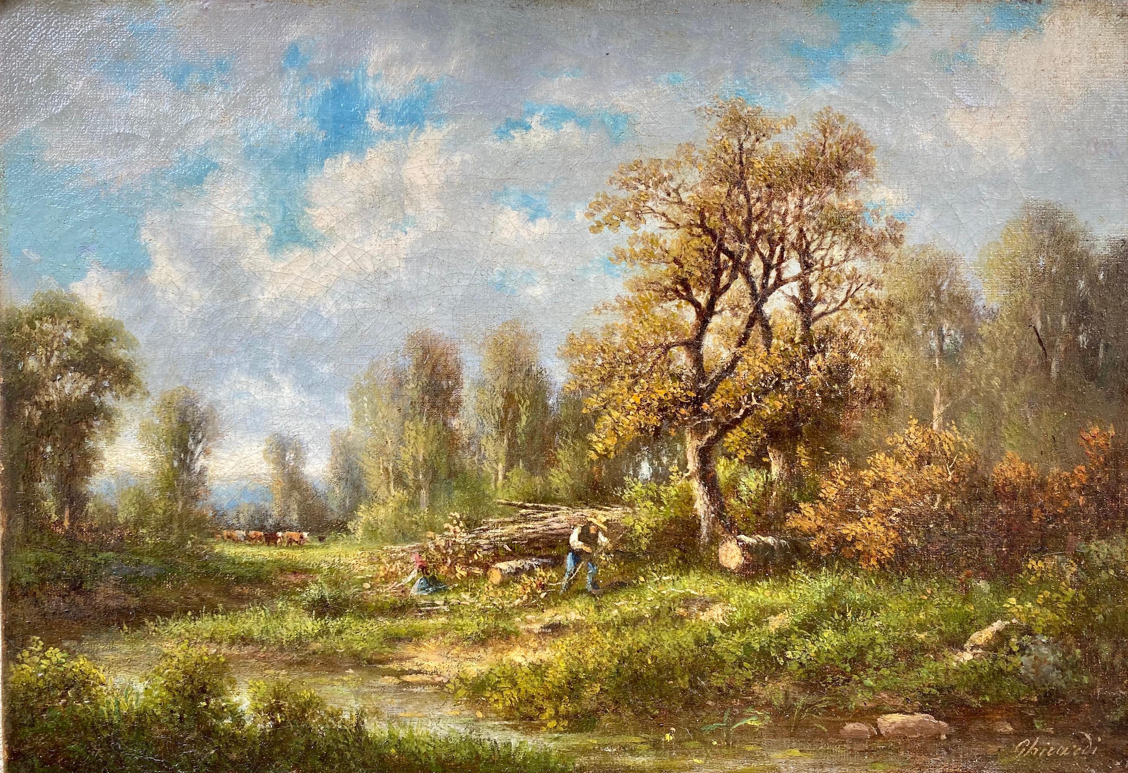 French 19th Century Barbizon painting rural scene with figures gathering wood - Painting by Théodore Ghirardi