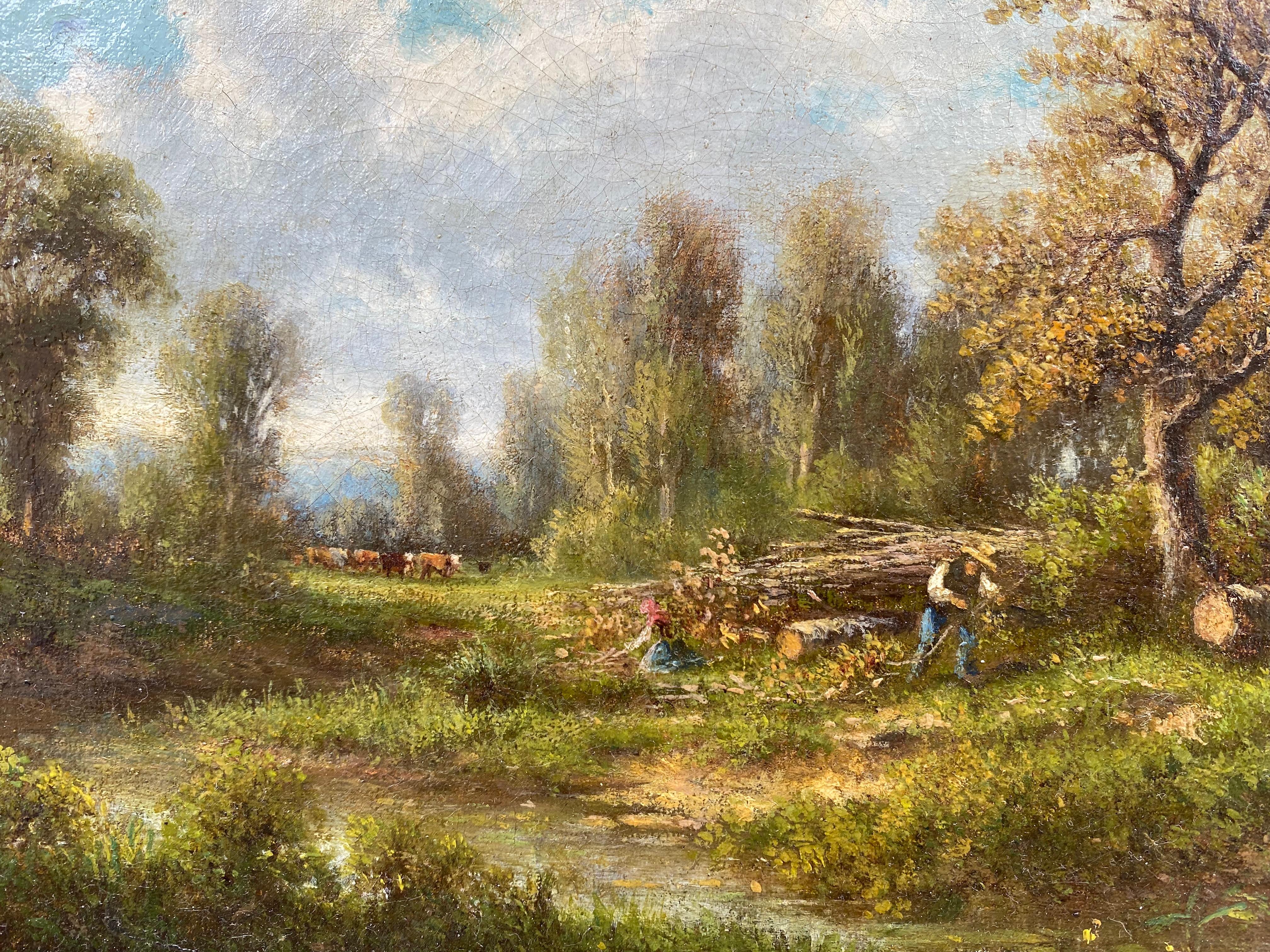 French 19th Century Barbizon painting rural scene with figures gathering wood  - Barbizon School Painting by Théodore Ghirardi