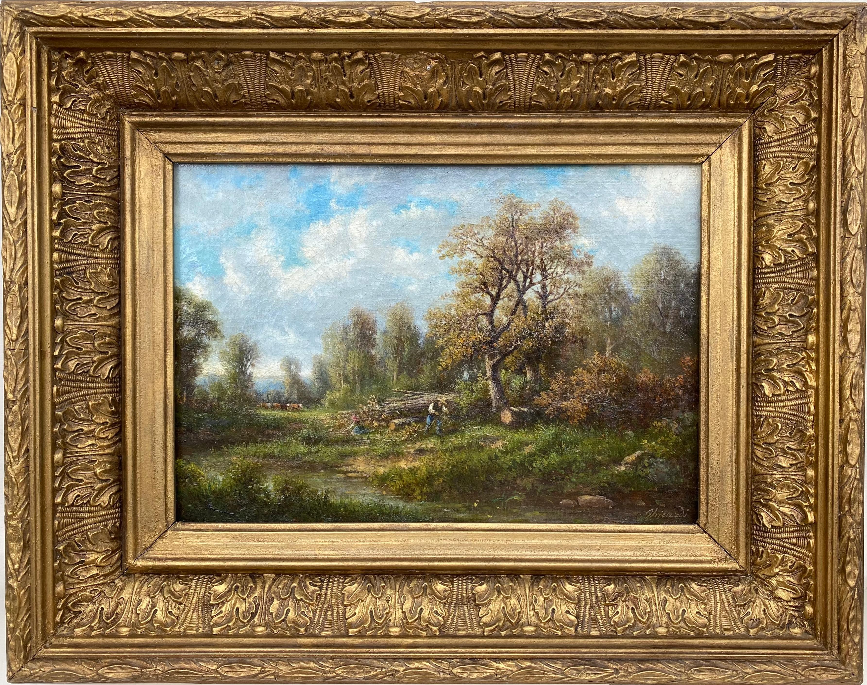 Théodore Ghirardi Landscape Painting - French 19th Century Barbizon painting rural scene with figures gathering wood 