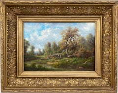 French 19th Century Barbizon painting rural scene with figures gathering wood 