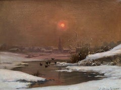 19th Century Oil on Canvas by Théodore Levigne, French School, Winter Scene