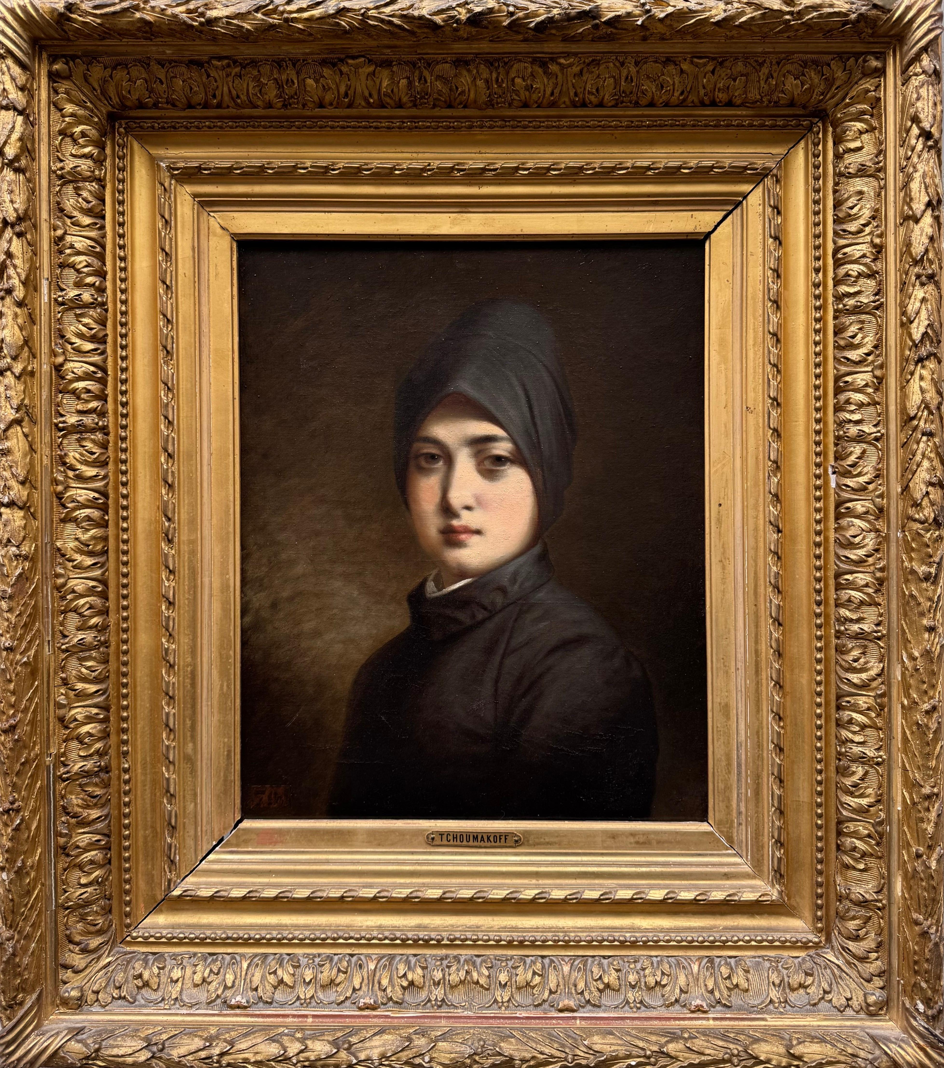 Portrait of a Russian nun - Noir Portrait Painting par Théodore Tchoumakoff