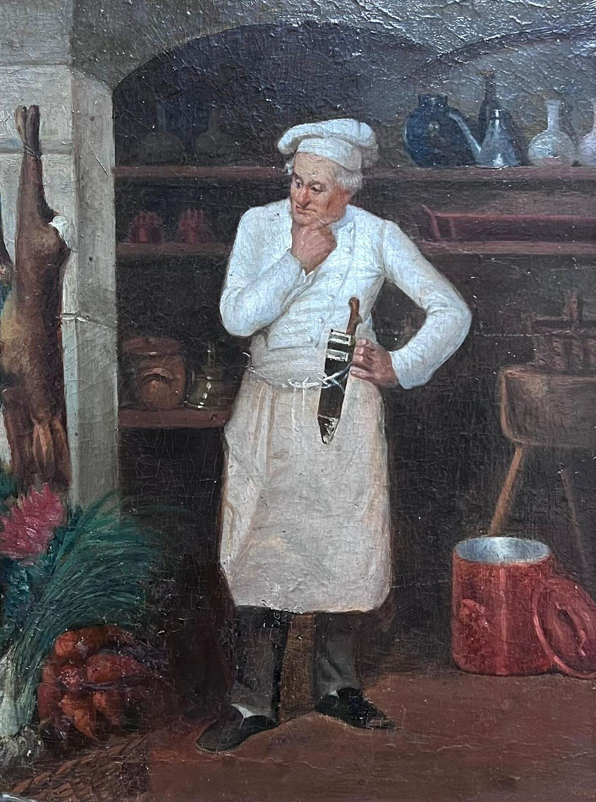 Fine peinture à l'huile réaliste française du 19ème siècle Chef dans la cuisine Larder - Painting de Théodule-Augustin Ribot