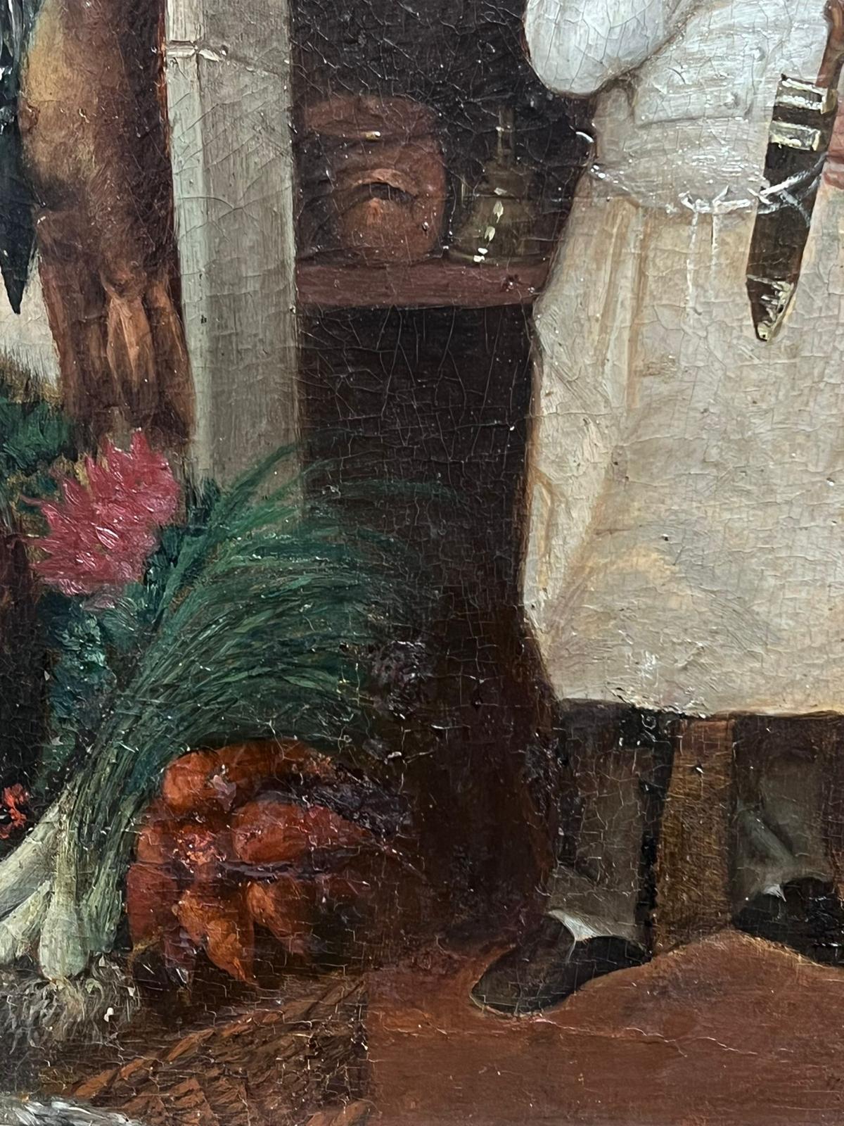Fine peinture à l'huile réaliste française du 19ème siècle Chef dans la cuisine Larder - Réalisme Painting par Théodule-Augustin Ribot
