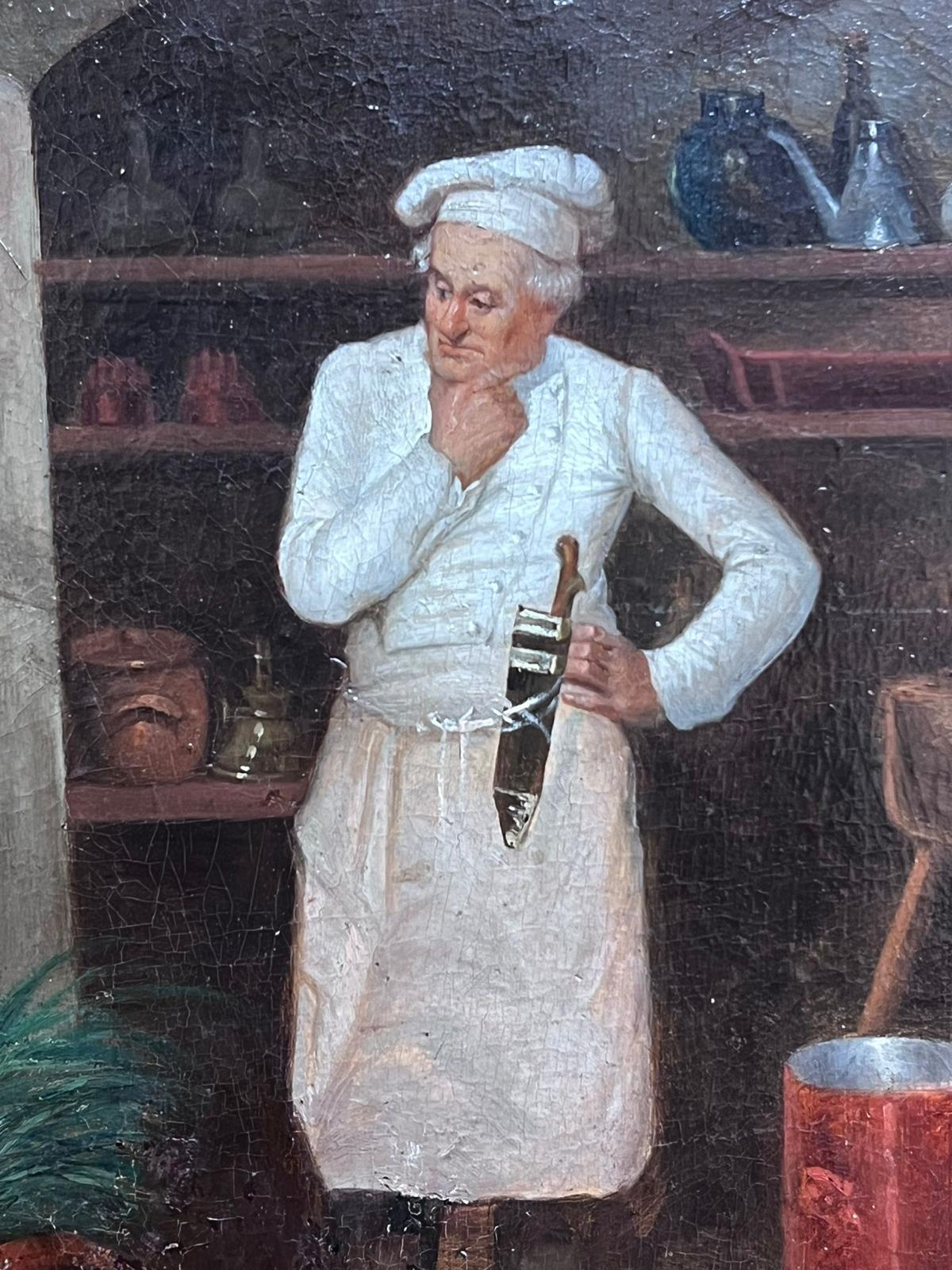 Fine 19th Century French Realist Oil Painting Chef in Kitchen Pantry Larder For Sale 3