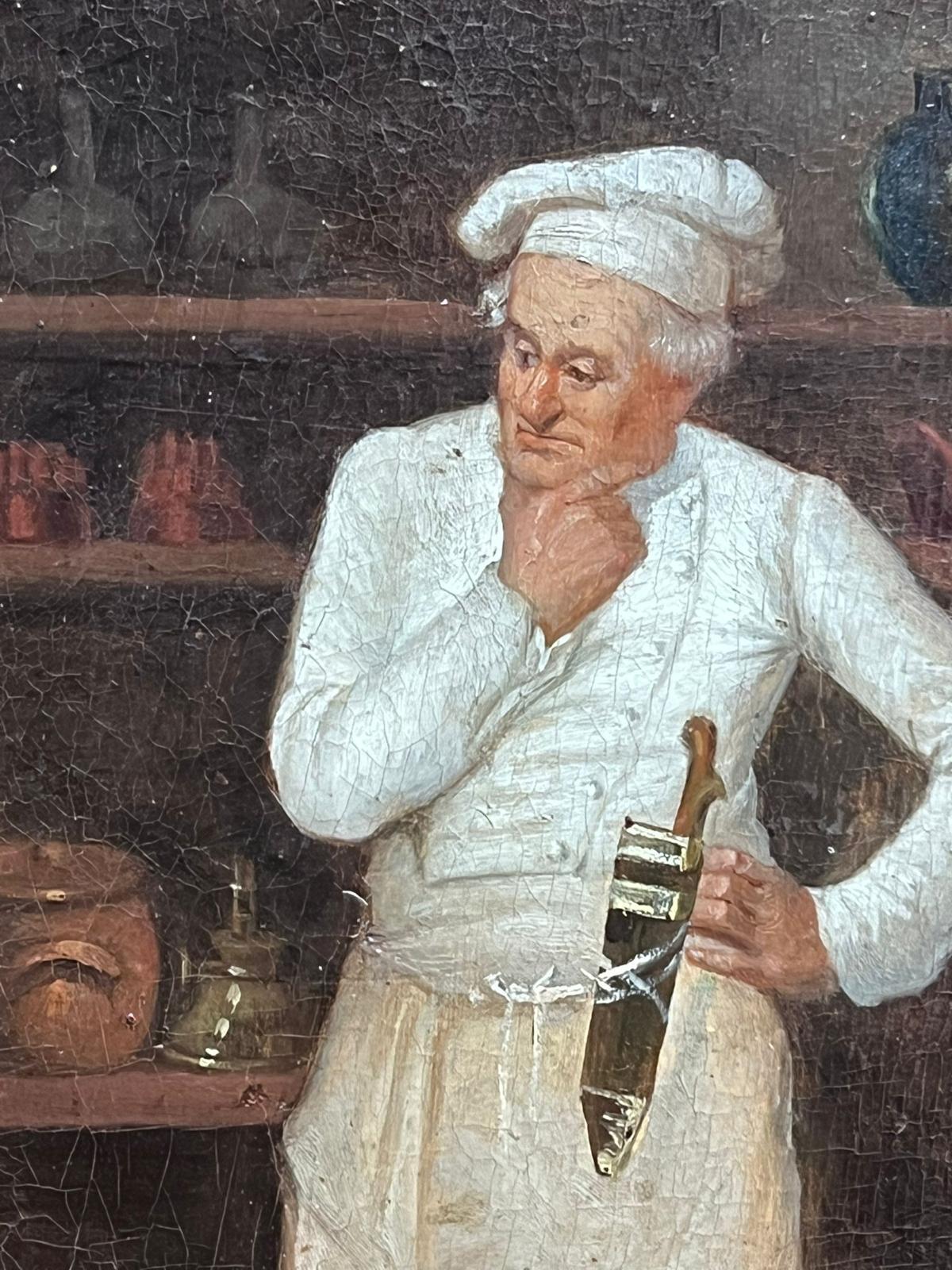 Fine 19th Century French Realist Oil Painting Chef in Kitchen Pantry Larder For Sale 4