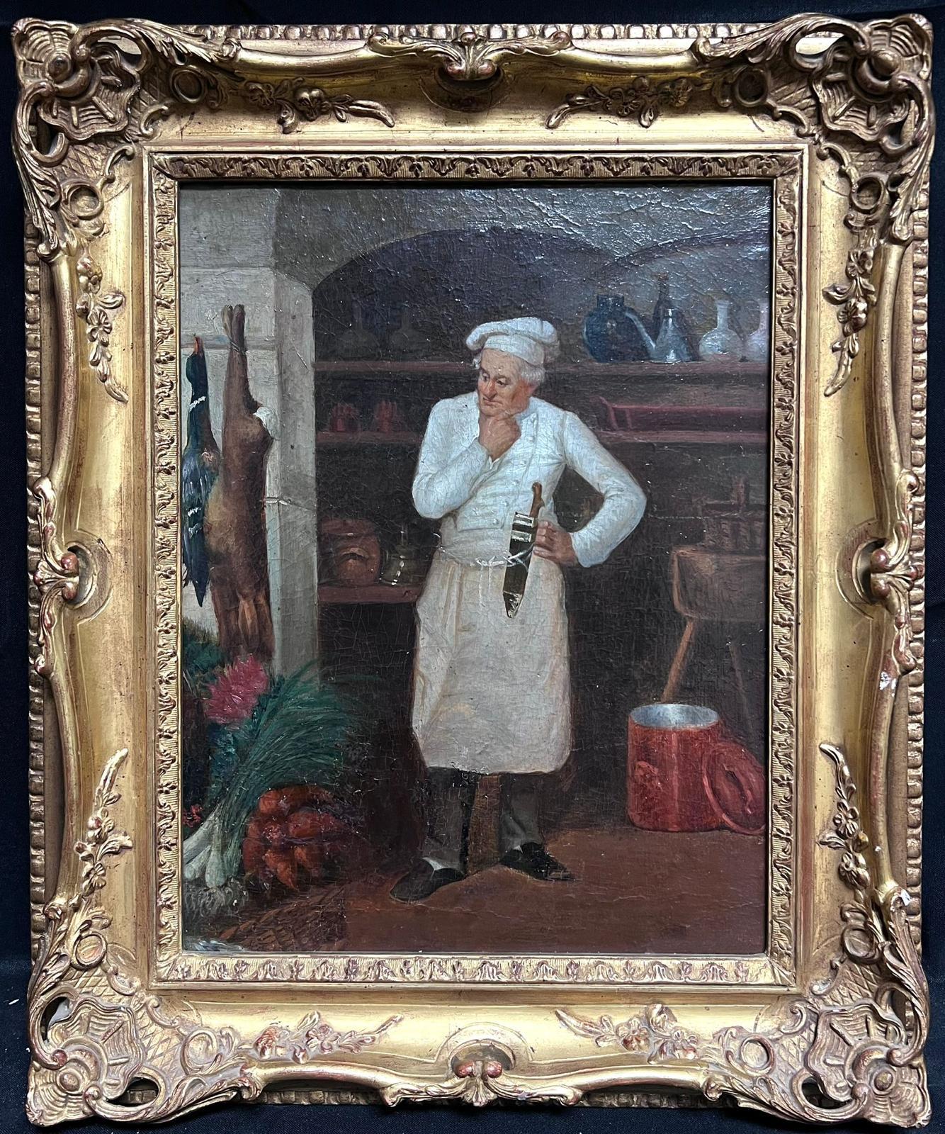 Théodule-Augustin Ribot Figurative Painting – Französisches realistisches Ölgemälde des 19. Jahrhunderts, Chef in Küche, Eingangsbereich, Larder