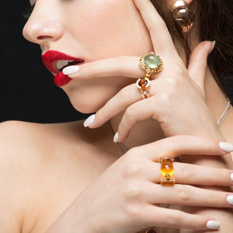 Contemporary Tholos Ring in 18kt Pink Gold Set with Spessartite Garnet and Pearls by Serafino For Sale