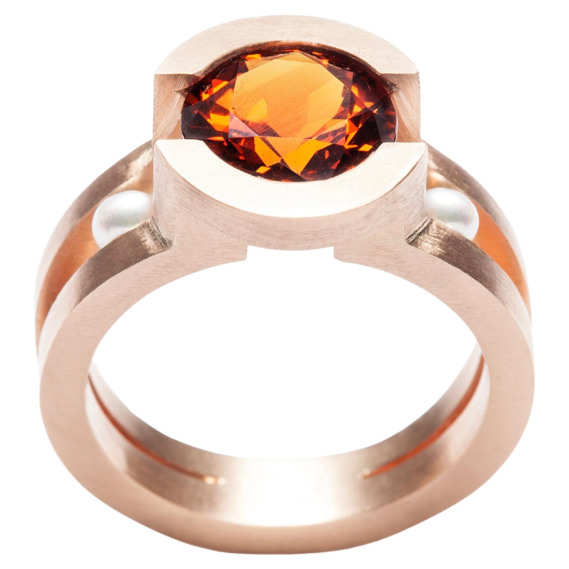 Tholos Ring in 18kt Pink Gold Set with Spessartite Garnet and Pearls by Serafino For Sale