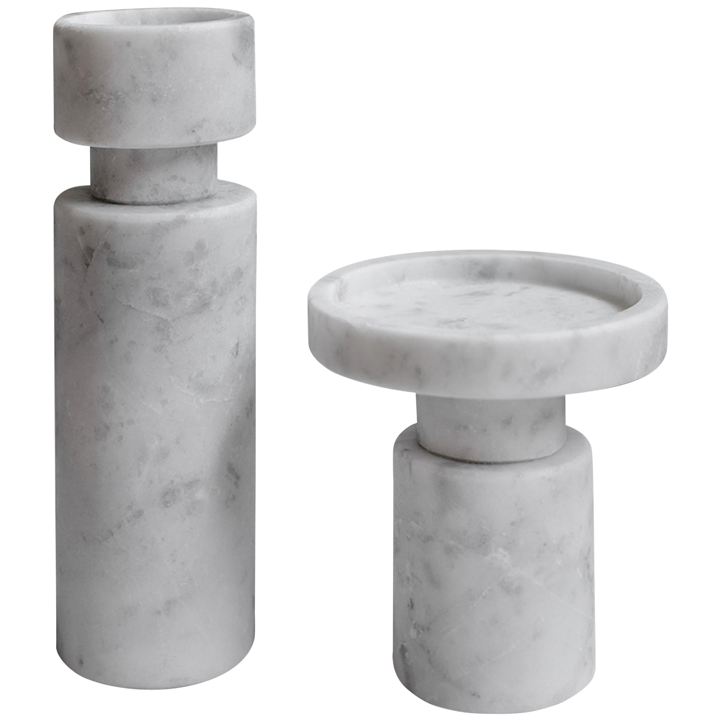 Tholos White Marble Carved Candleholder Set