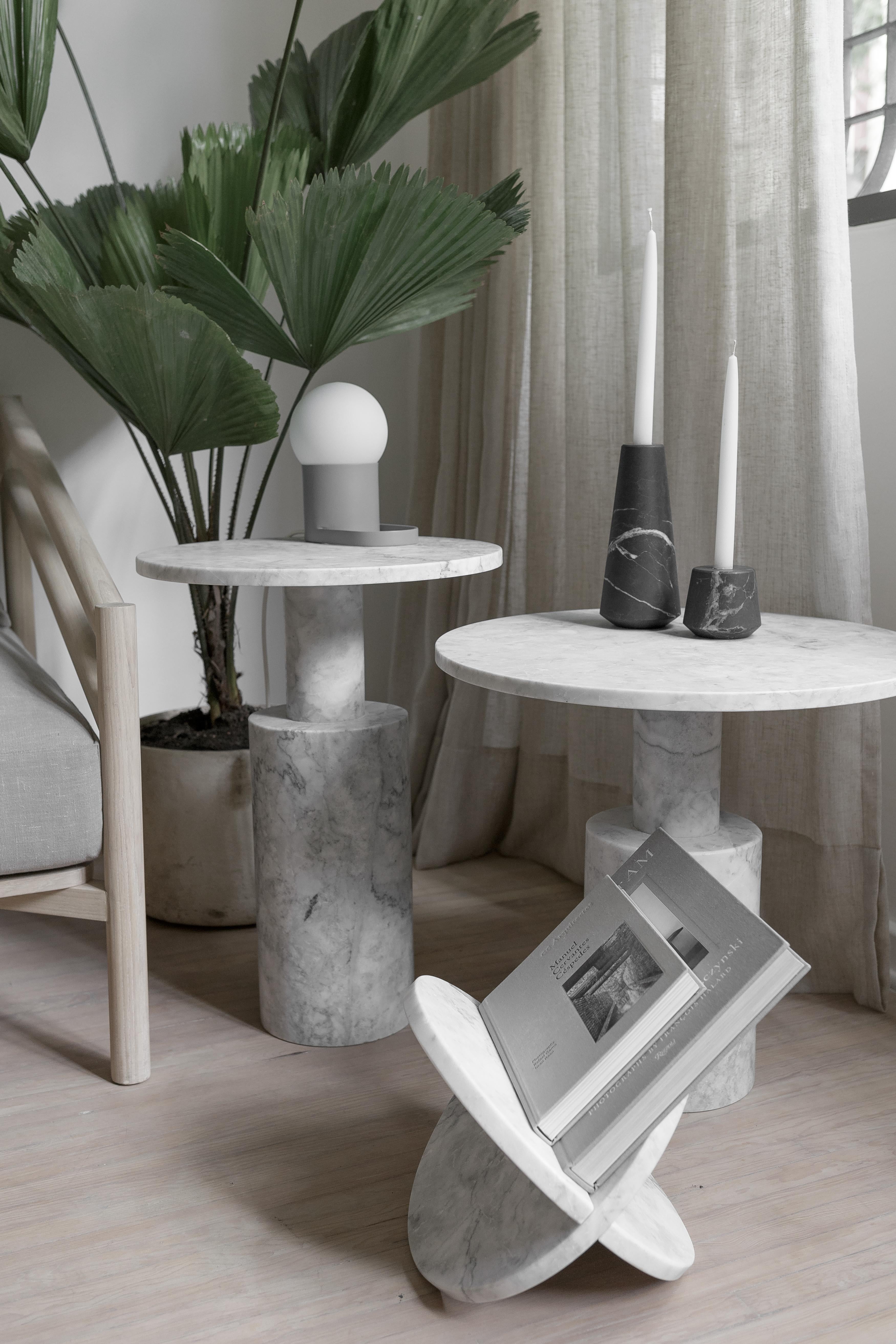 Side table in carved Veneciano white marble. Production time: 6-8 weeks for items without marble / 13-14 weeks for marble pieces. Shipping +10 additional business days. Casa Quieta uses natural materials such as woods, stones, fabrics etc. These