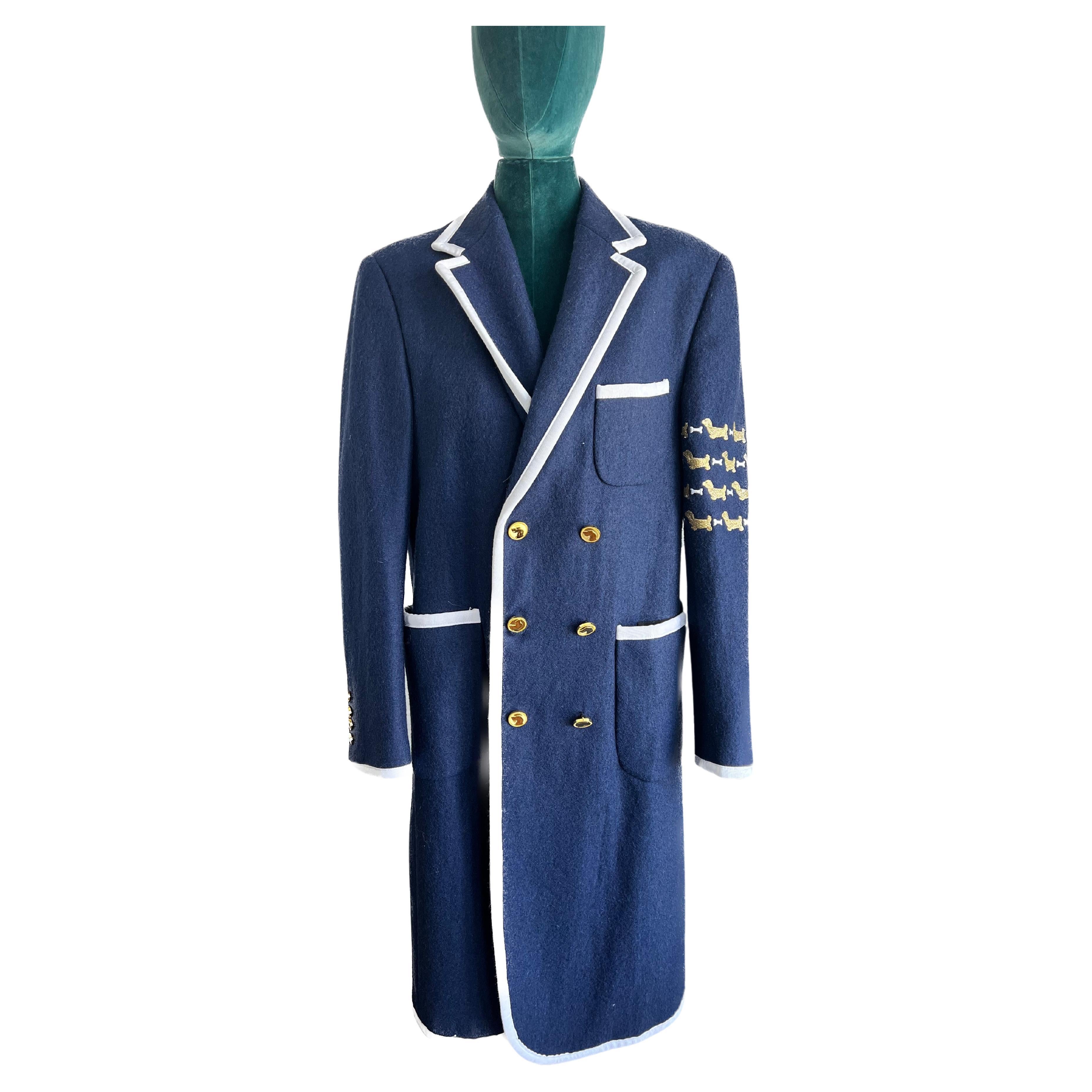 Thom Brown Navy Double Breasted Wool Coat with Gold dog embroidery and button  For Sale