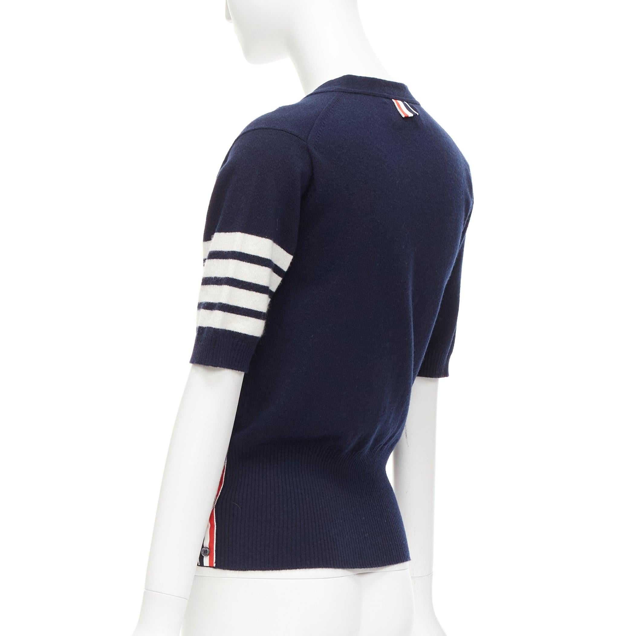 THOM BROWNE 100% cashmere navy white 4 bar stripe button side cardigan IT44 L For Sale 3