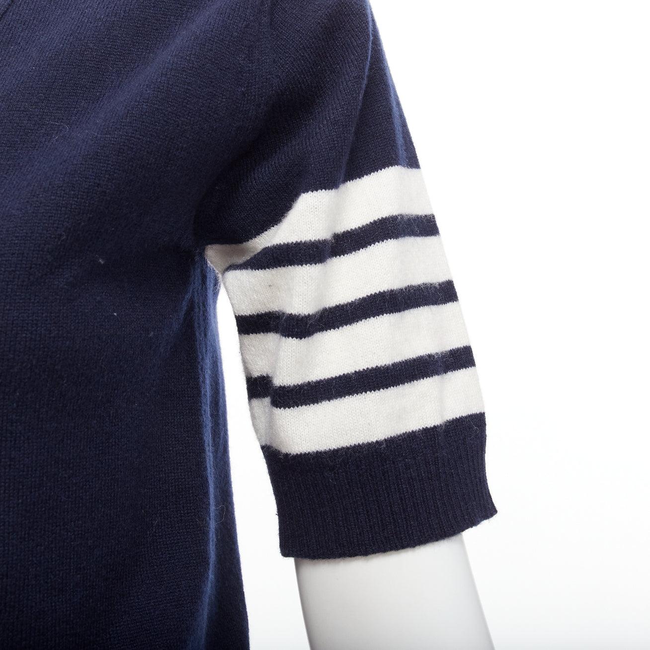 THOM BROWNE 100% cashmere navy white 4 bar stripe button side cardigan IT44 L For Sale 4