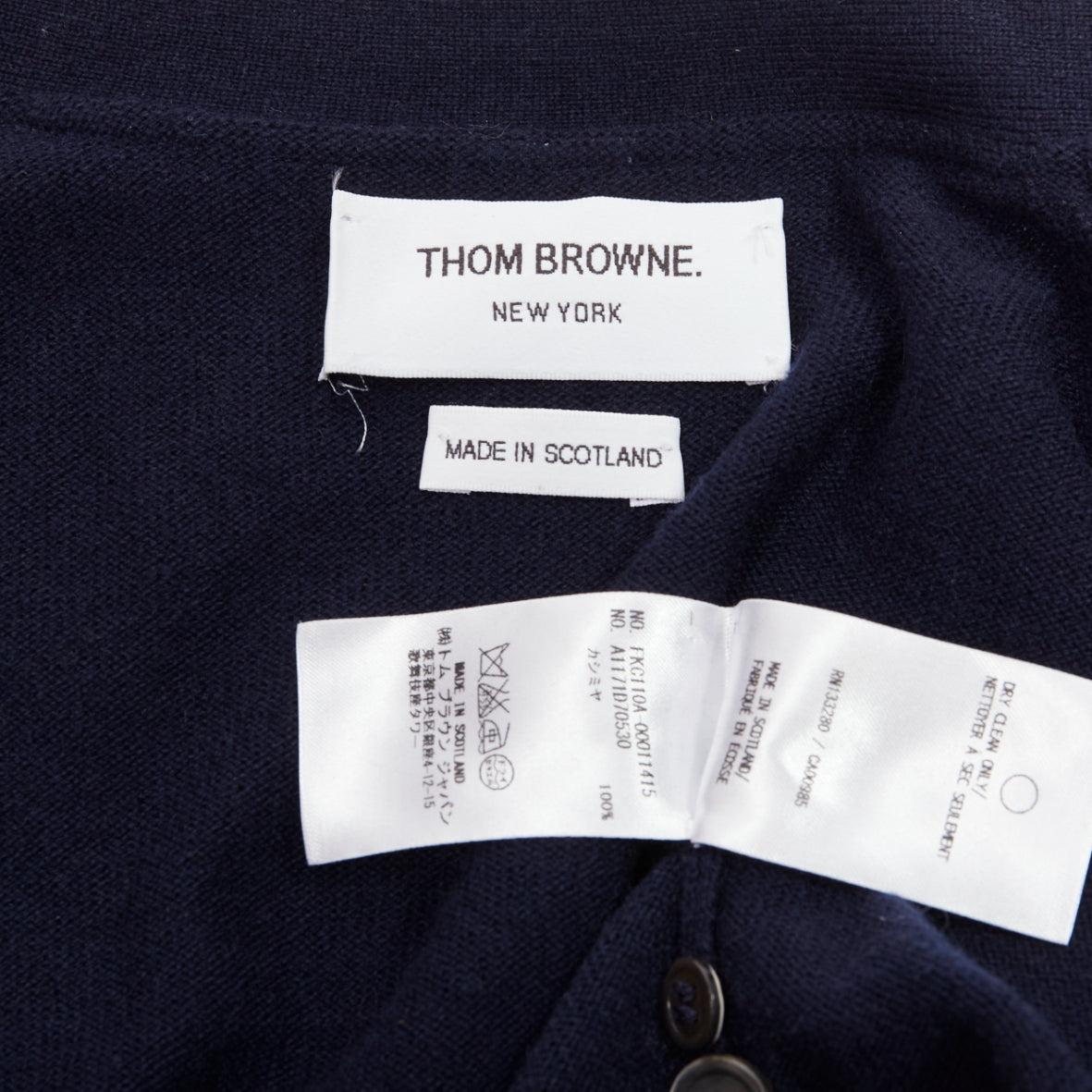 THOM BROWNE 100% cashmere navy white 4 bar stripe button side cardigan IT44 L For Sale 5