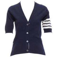 THOM BROWNE 100% cashmere navy white 4 bar stripe button side cardigan IT44 L