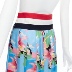 THOM BROWNE 100% silk blue floral print web waistband midi skirt IT40 S