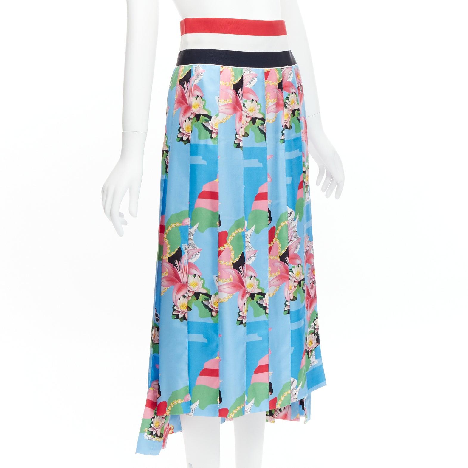 Gray THOM BROWNE 100% silk blue floral print web waistband midi skirt IT40 S For Sale