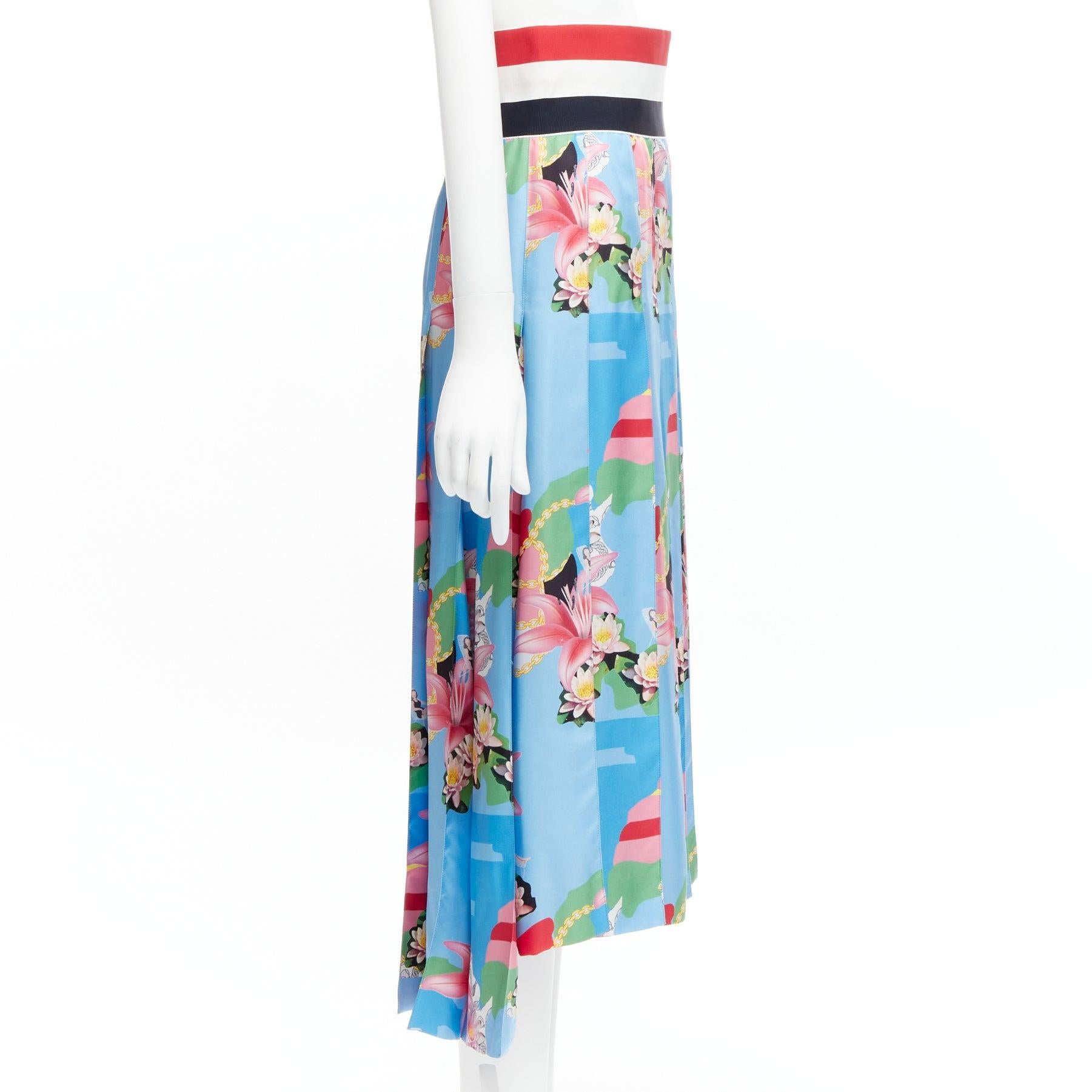 THOM BROWNE 100% silk blue floral print web waistband midi skirt IT40 S In Excellent Condition For Sale In Hong Kong, NT