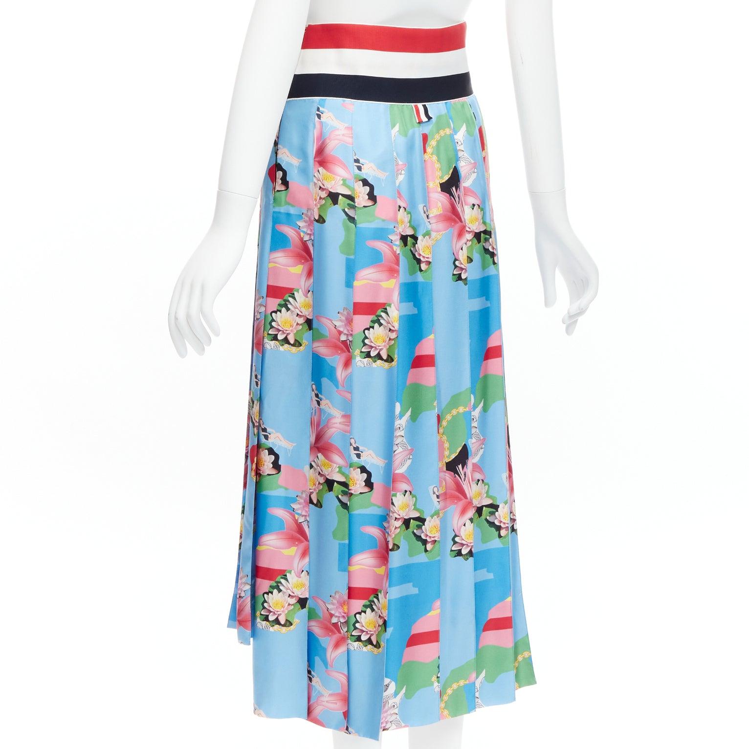THOM BROWNE 100% silk blue floral print web waistband midi skirt IT40 S For Sale 1