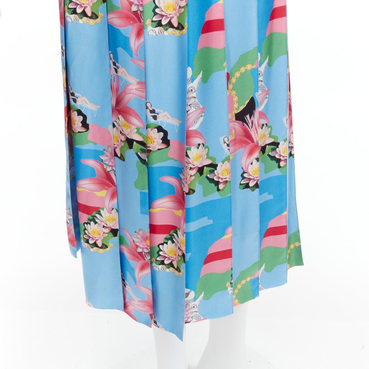 THOM BROWNE 100% silk blue floral print web waistband midi skirt IT40 S For Sale 2