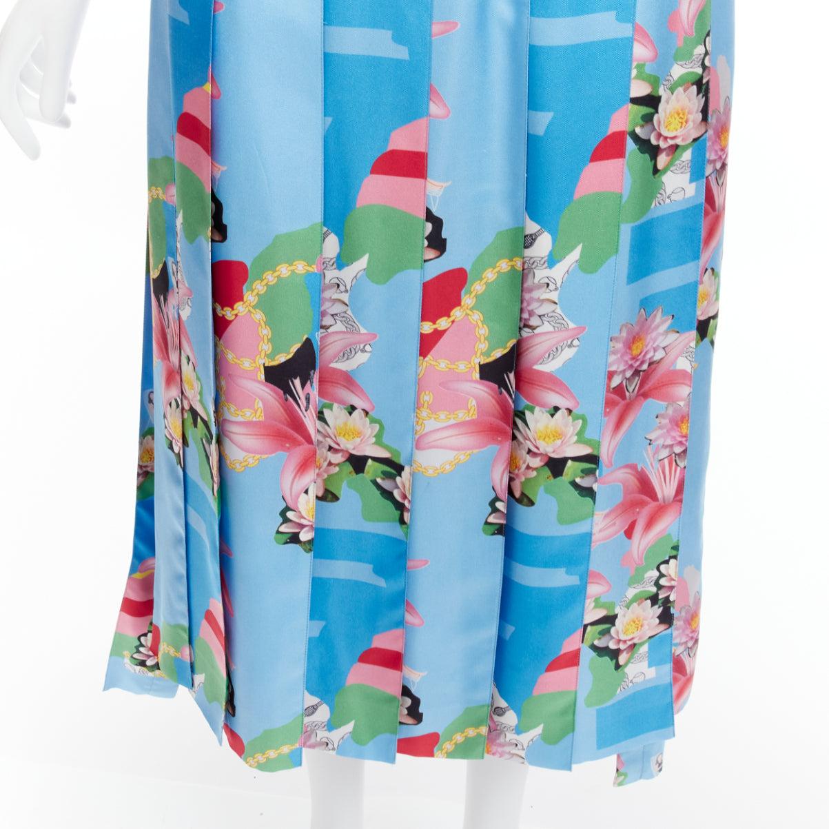 THOM BROWNE 100% silk blue floral print web waistband midi skirt IT40 S For Sale 3