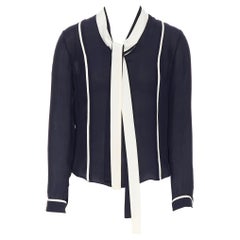 THOM BROWNE 100% silk navy  white trimm pussy bow tie blouse top US0