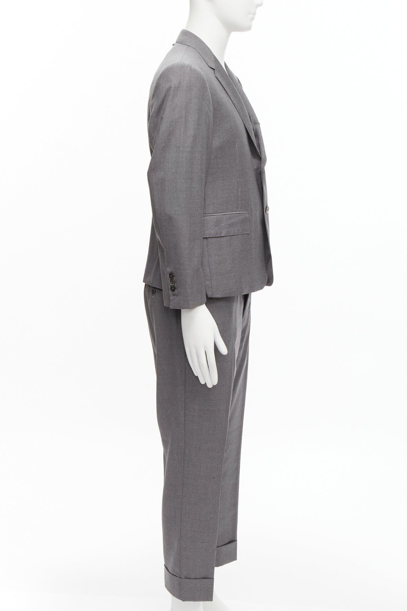THOM BROWNE 100% wool grey single breast 2-button blazer pants suit SZ. 3 L In Good Condition For Sale In Hong Kong, NT