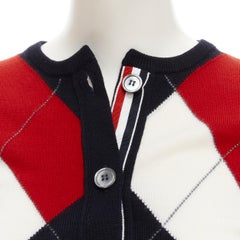 THOM BROWNE 100% wool navy red white argyle check cardigan IT38 XS