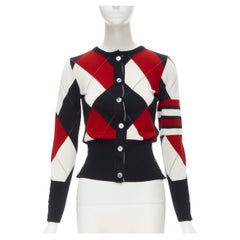 THOM BROWNE 100% wool navy red white argyle check cardigan IT38 XS