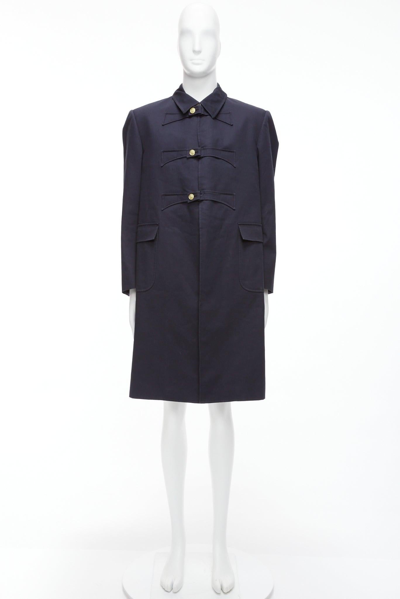 THOM BROWNE 2008 navy gold anchor button loop through boxy longline coat Sz.3 L For Sale 6