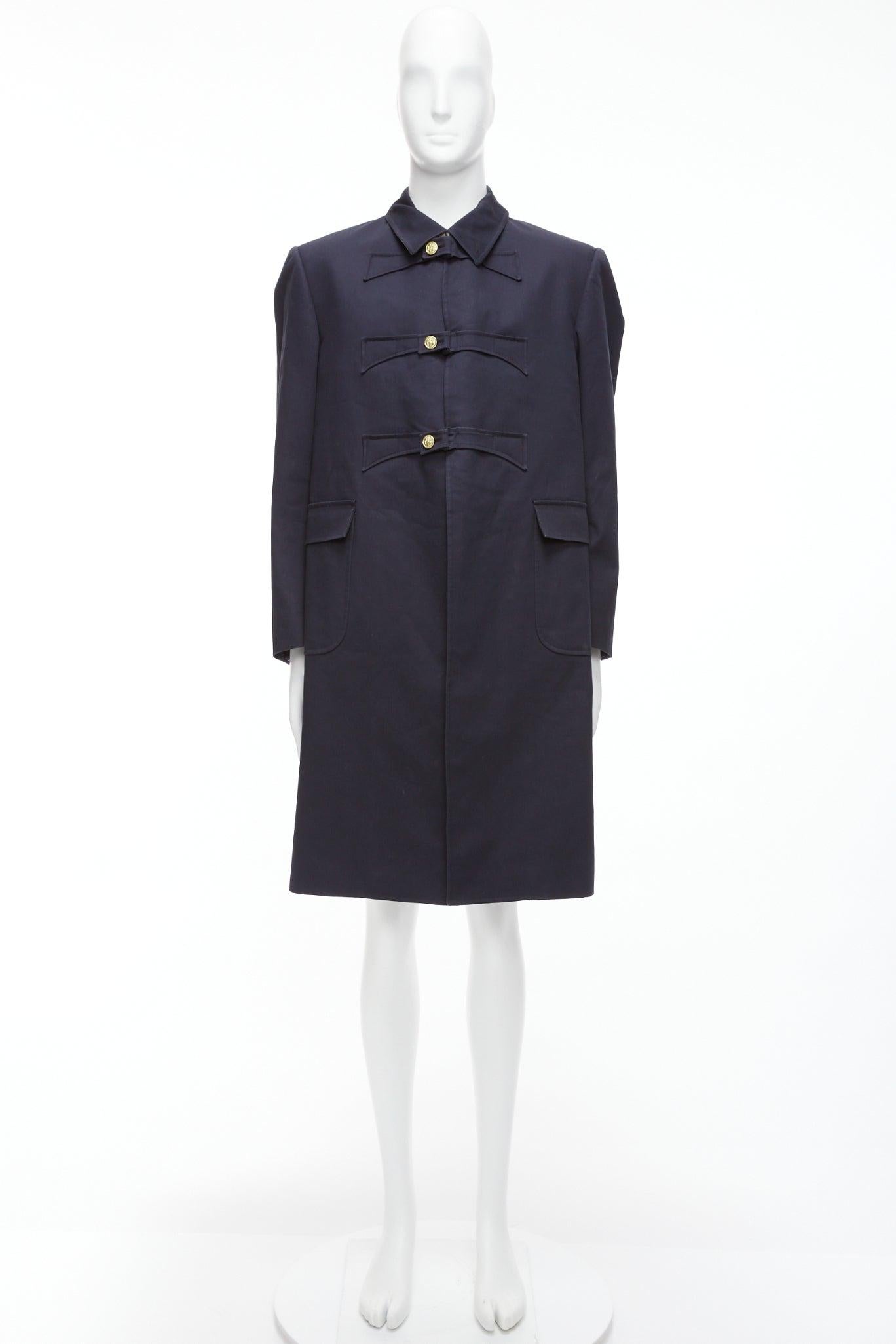 THOM BROWNE 2008 navy gold anchor button loop through boxy longline coat Sz.3 L For Sale 5