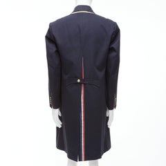THOM BROWNE 2008 azul marino oro ancla botón lazo a través de boxy longline abrigo Sz.3 L