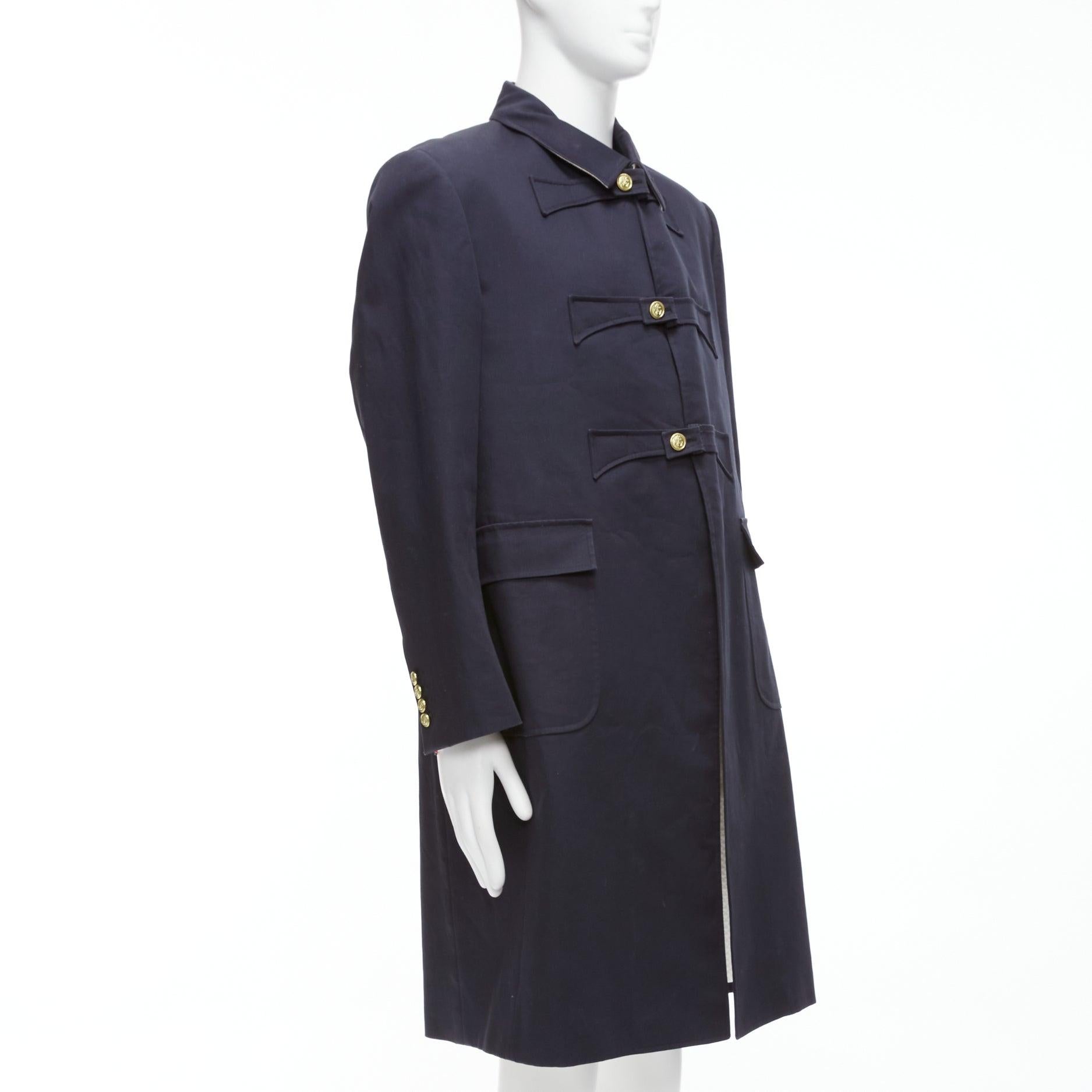 THOM BROWNE 2008 navy gold anchor button loop through boxy longline coat Sz.3 L In Fair Condition For Sale In Hong Kong, NT