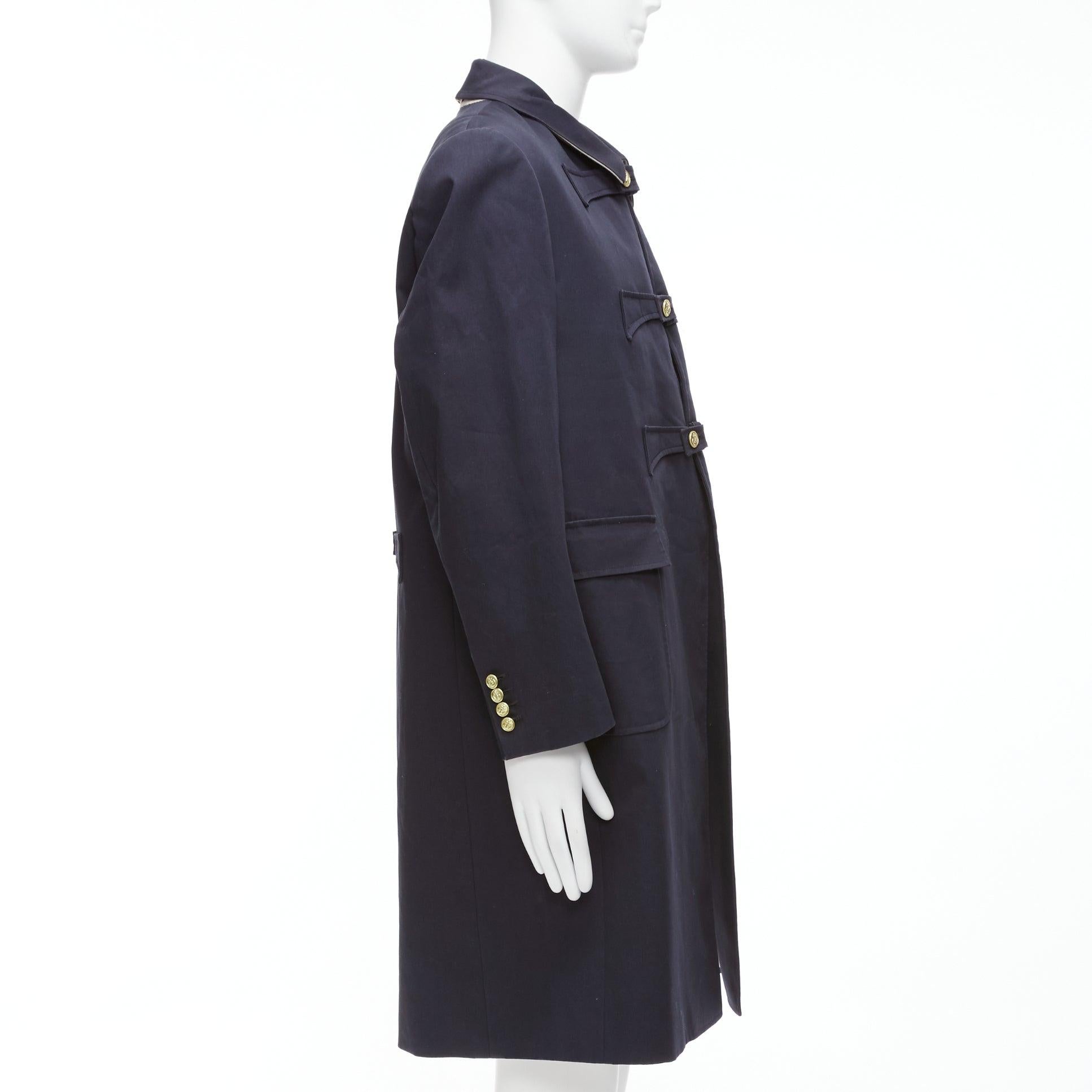 THOM BROWNE 2008 navy gold anchor button loop through boxy longline coat Sz.3 L In Fair Condition For Sale In Hong Kong, NT
