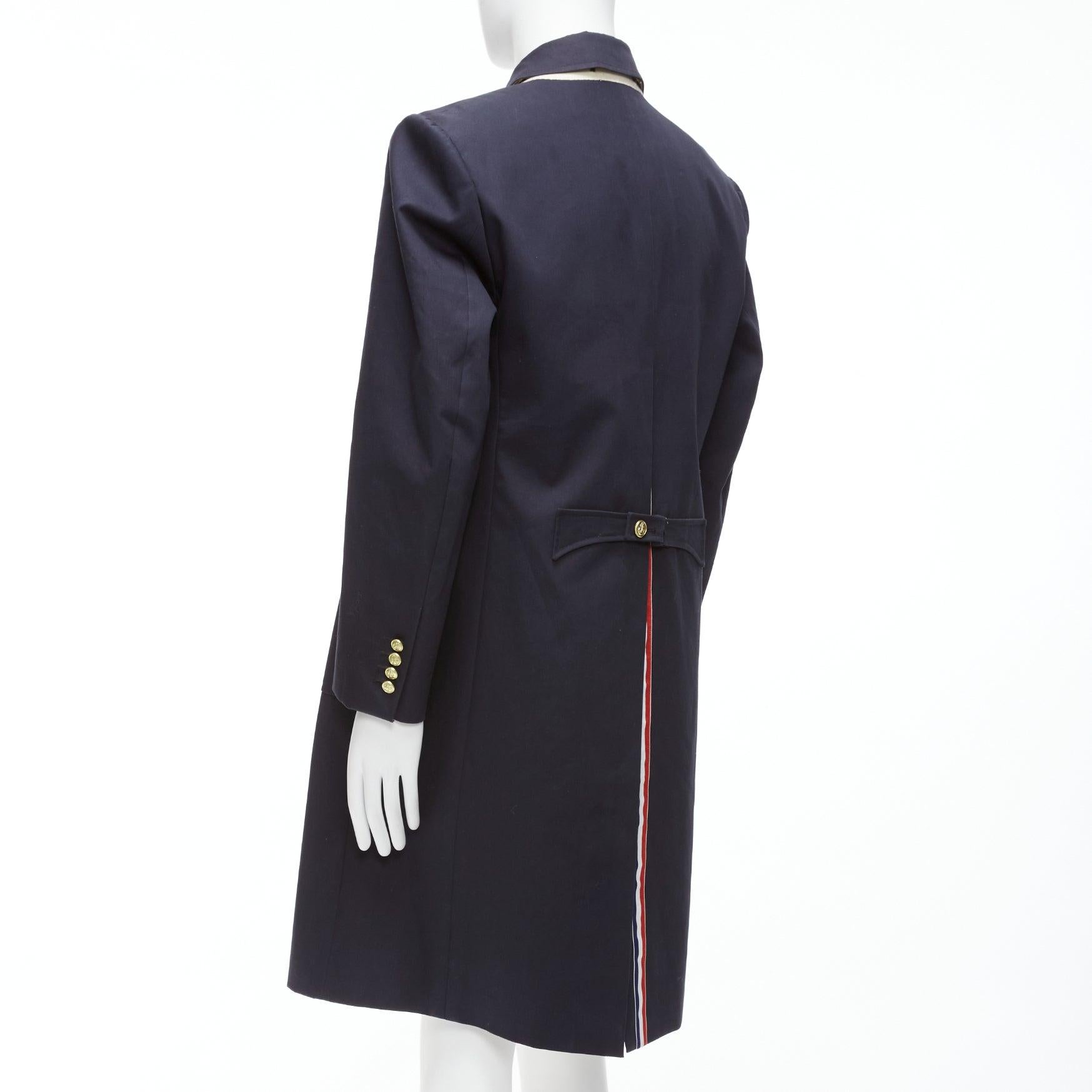 Men's THOM BROWNE 2008 navy gold anchor button loop through boxy longline coat Sz.3 L For Sale