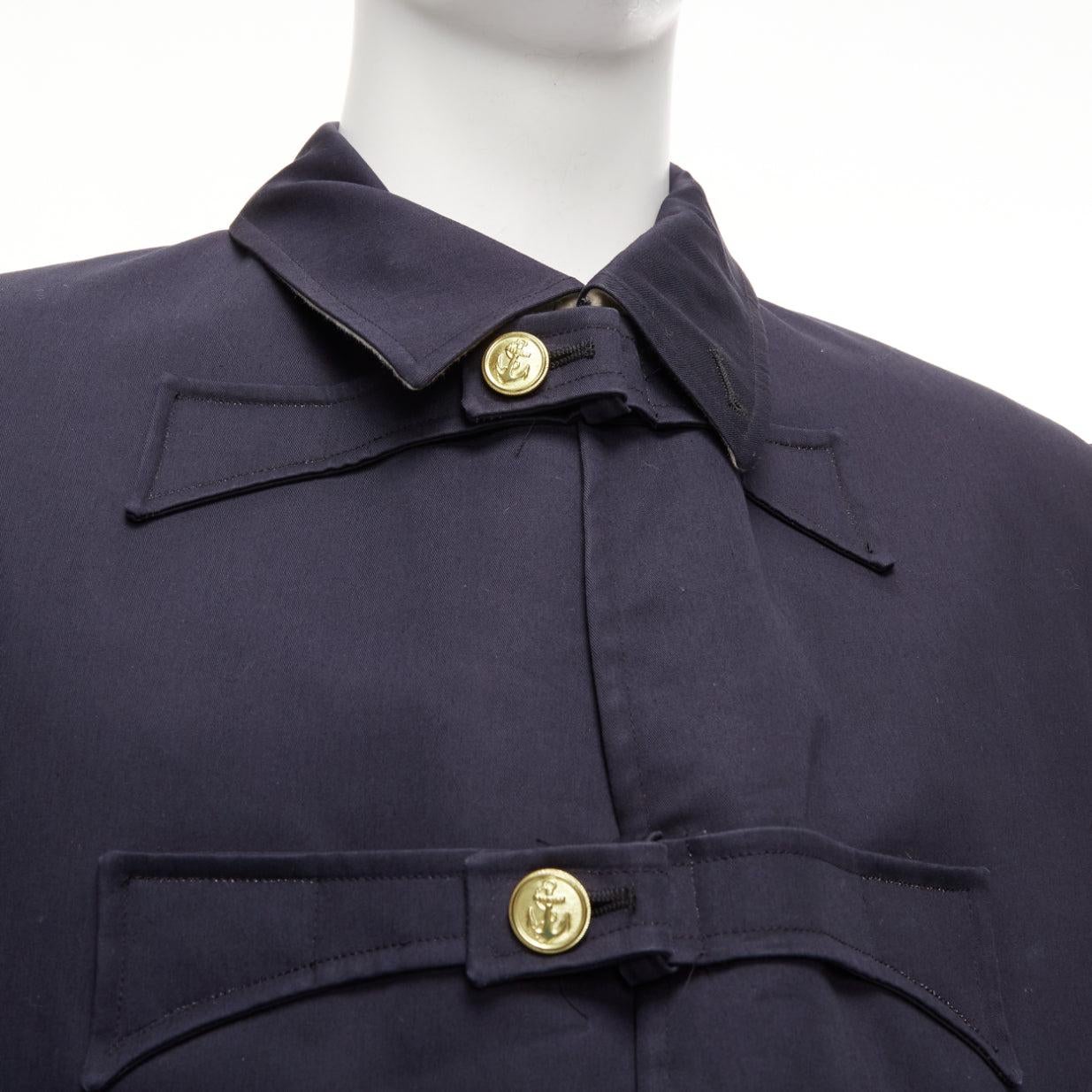 THOM BROWNE 2008 navy gold anchor button loop through boxy longline coat Sz.3 L For Sale 2