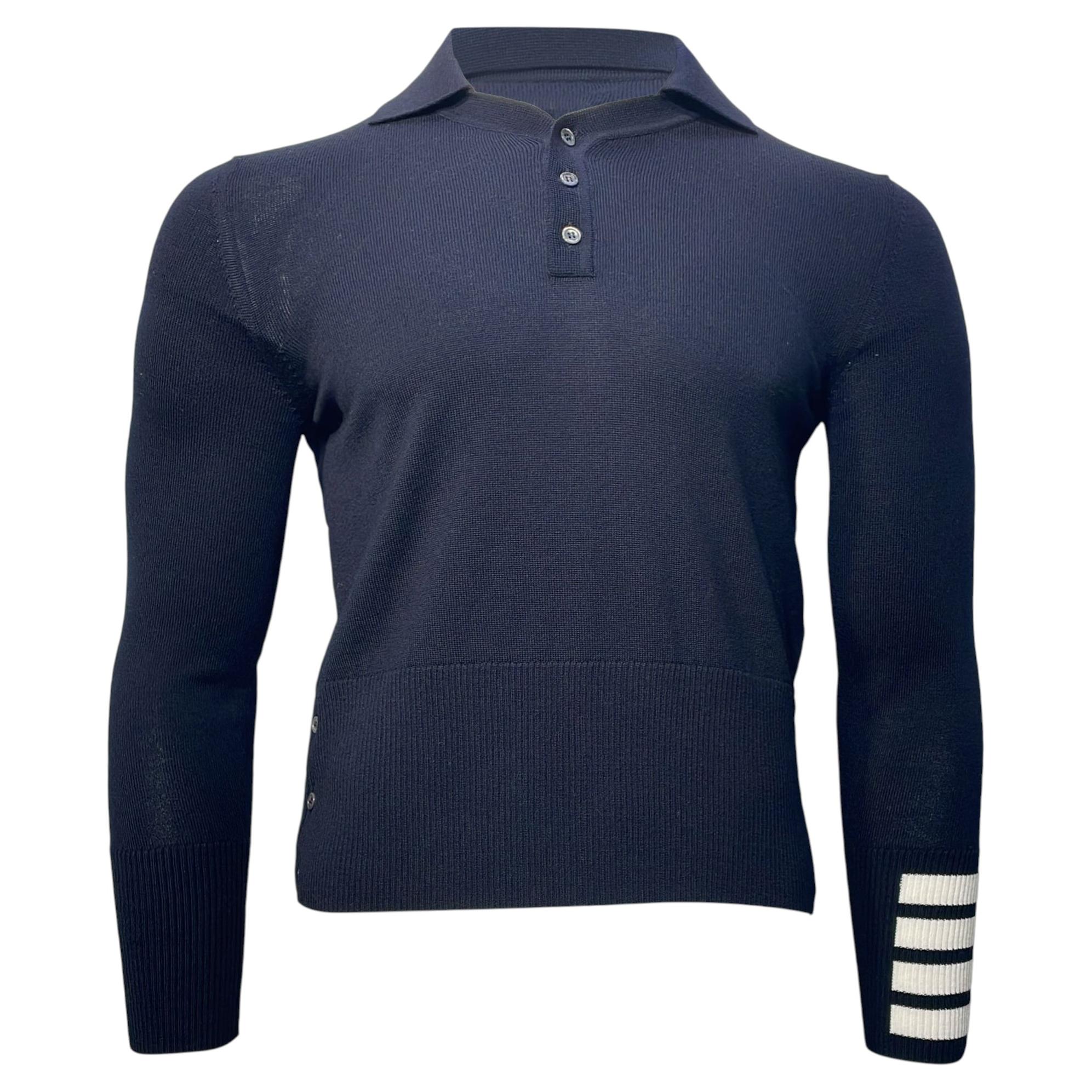 Pre-owned Thom Browne 4-bar Long Sleeve Polo Shirt In Navy Blue Merino Wool